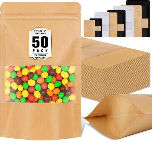 Jetmore-50pcs-Smell-Proof-Bag, Resealable Zip Lock Bags Various Sizes, Reusable Snack Bags, Stand Up Packing Bags with Window, Small Brown Paper Pouches for Candy, Nuts, Spice, Sample, Product