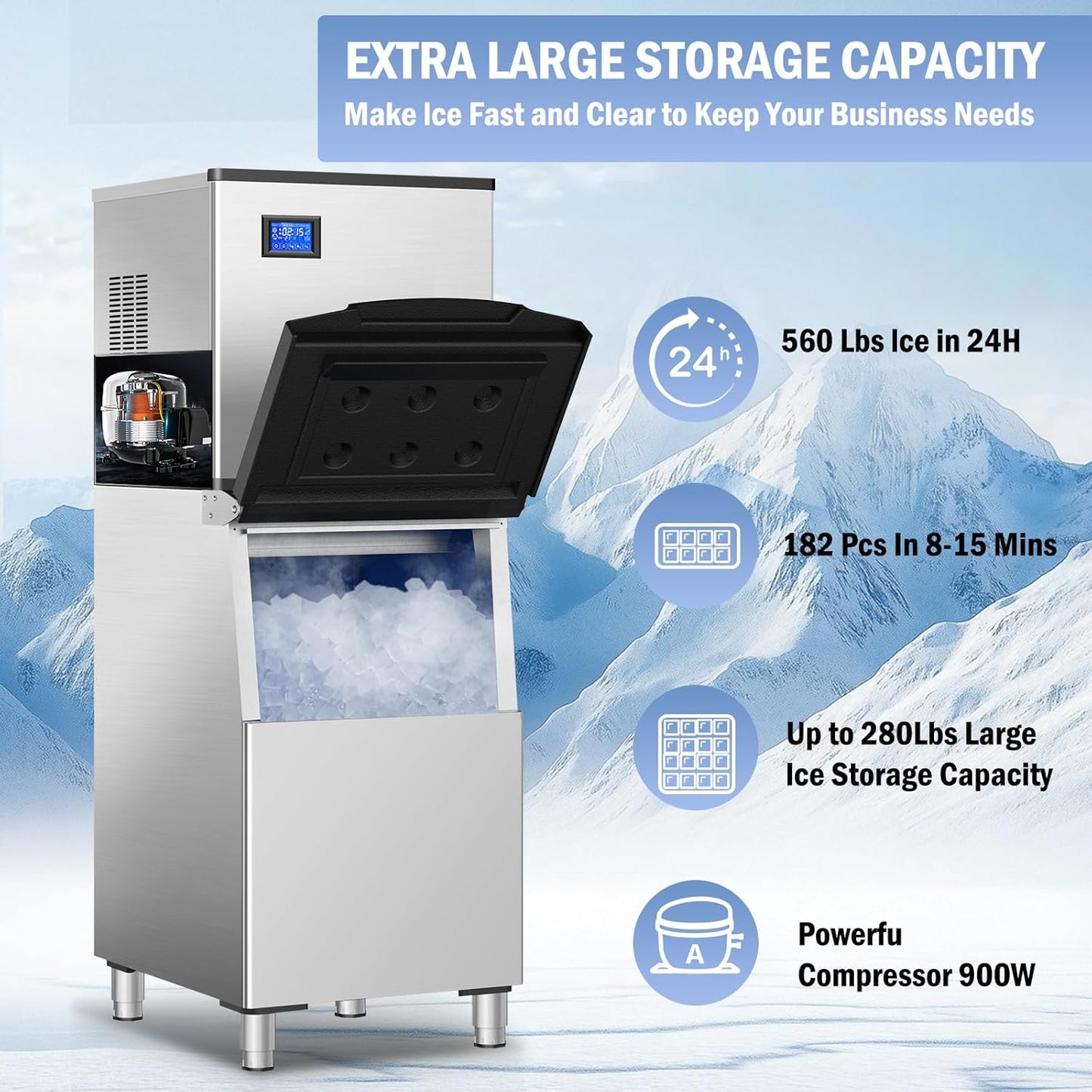 Commercial Ice Maker Machine 560Lbs/24H, Industrial Ice Machine 280 Lbs Storage Bin, 182PCS Clear Ice Cubes in 11 Mins, Freestanding Stainless Steel Ice Maker for Restaurants/Bar/Large Families