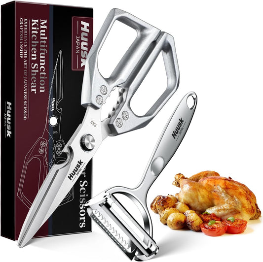 HUUSK Kitchen Scissors and Vegetable Peeler Set - Silver Stainless Steel Cooking Kitchen Shears for Food with Serrated Peeler, Heavy Duty Japanese Style Dishwasher Safe Meat Scissors for all Purpose