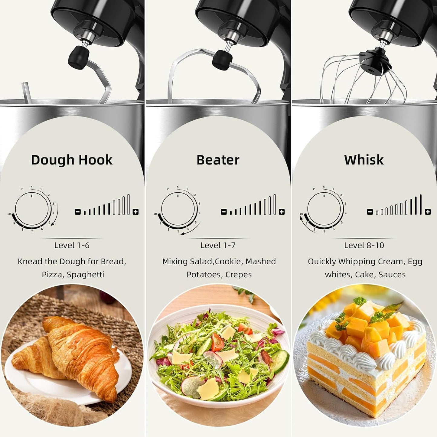 Electric Stand Mixer,10 Speeds Tilt-Head Food Mixer, 3-IN-1 Kitchen Mixer for Daily Cooks with Dishwasher-Safe 6.5 QT Bowl,Dough Hook, Beater, Whisk (Onyx Black)