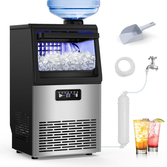 Commercial Ice Maker Machine 100Lbs/24 with 20 Storage Bin, 36Pcs Ice Cubes 9-15Mins, Dual Water Inlet Options Stainless Steel Under Counter/Freestanding Ice Cube Machine for Home, Party, Office