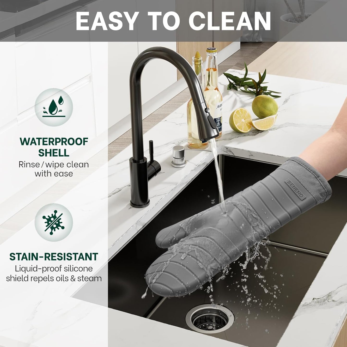 Beneno BPA-Free Silicone Oven Mitts, Heat Resistant Waterproof Oven Mitts with Non-Slip Textured Grip, Comfortable Quilted Lining, Kitchen Pot Holders for Cooking, Baking, Grilling, 7"x13", 2Pcs Gray