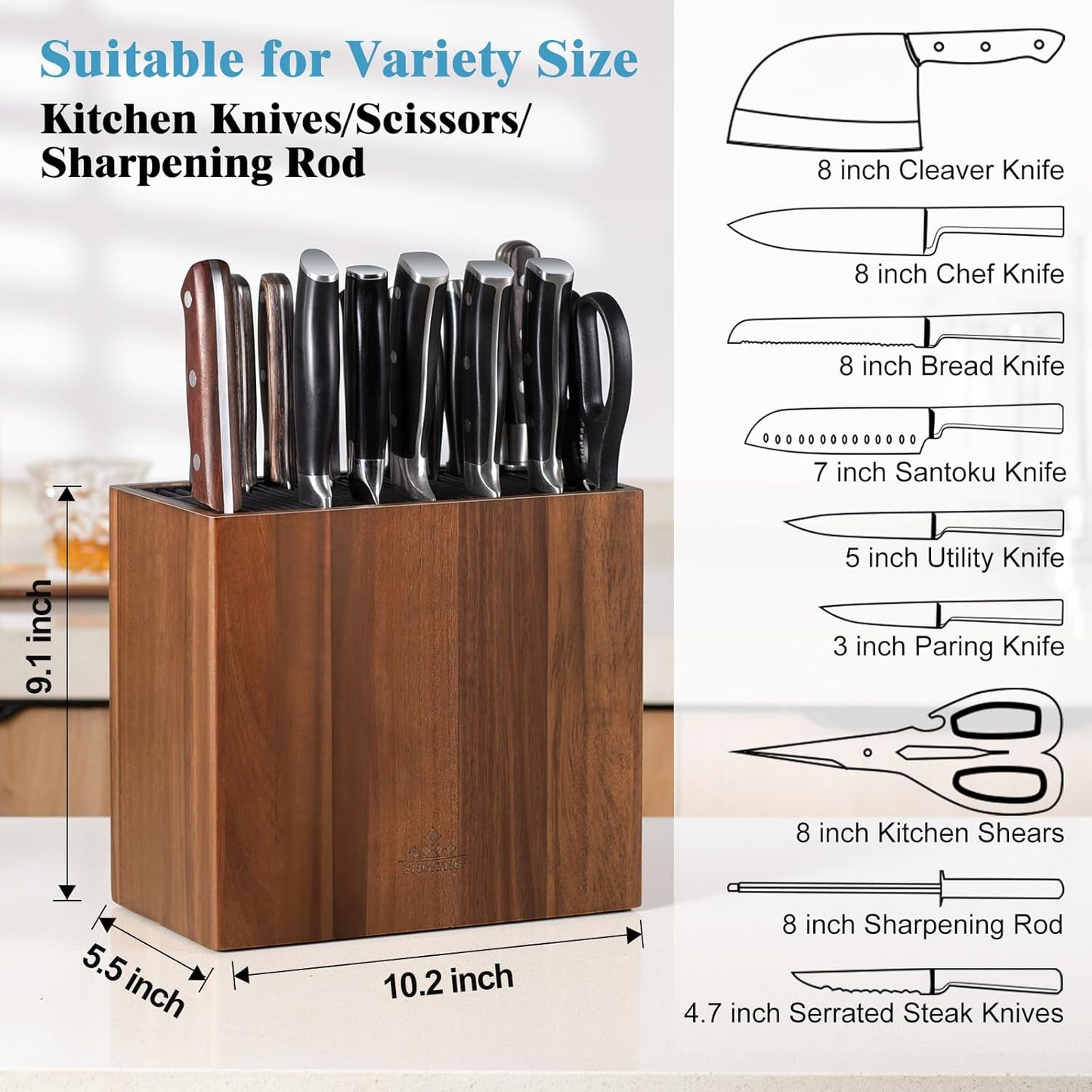 ENOKING XXL Acacia Wood Knife Holder – Large Universal Knife Block with Blade-Protecting Slots, Holds 26+ Knives, Scissors, and Sharpening Rods, Space-Saving Kitchen Storage Organizer