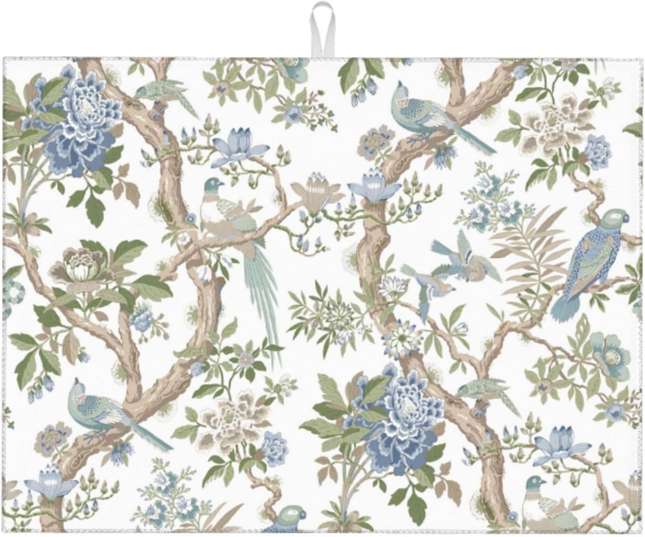 Floral Bidrs Dish Drying Mat 18x24 for Kitchen Counter, Blue Green Chinoiserie Decorative Absorbent Coffee Mat Dish Drying Pad Coffee Bar Dish Drainer Rack Mat Drainer Mat