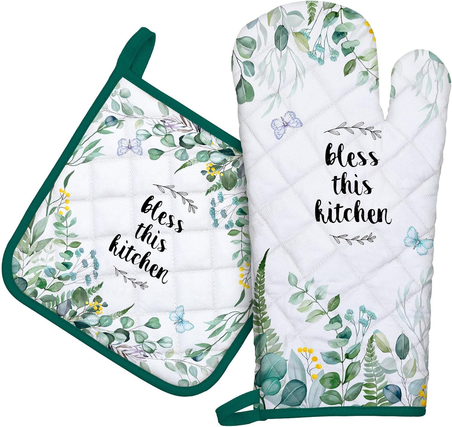 Eucalyptus Leaf Oven Mitts and Pot Holders Sets 2Pcs, 100% Cotton Heat Resistant, Extra Long Oven Gloves Potholder for Kitchen Cooking Baking Decoration