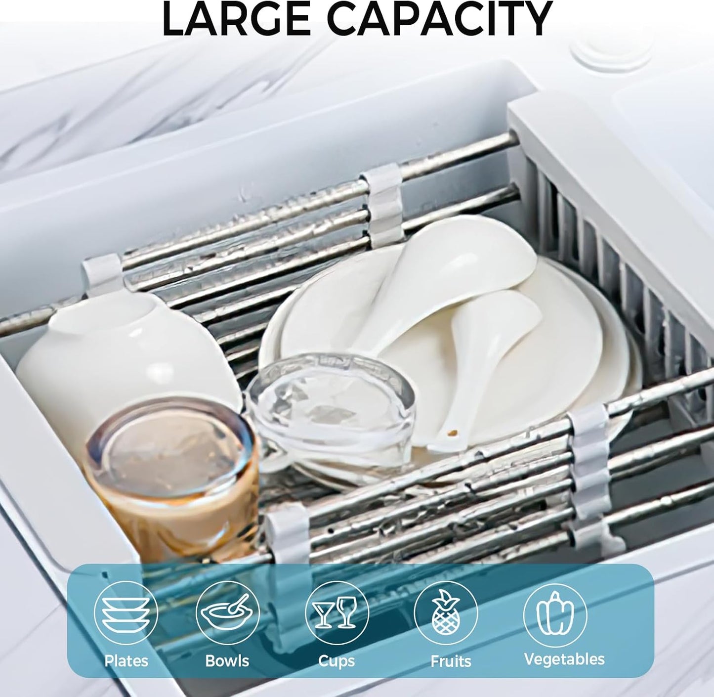 COVRA Over Sink Dish Drying Rack, Stainless Steel Drainer for 11"-19" Sinks, Kitchen Countertop Organizer for Dishes, Vegetables, and Fruits (Black)