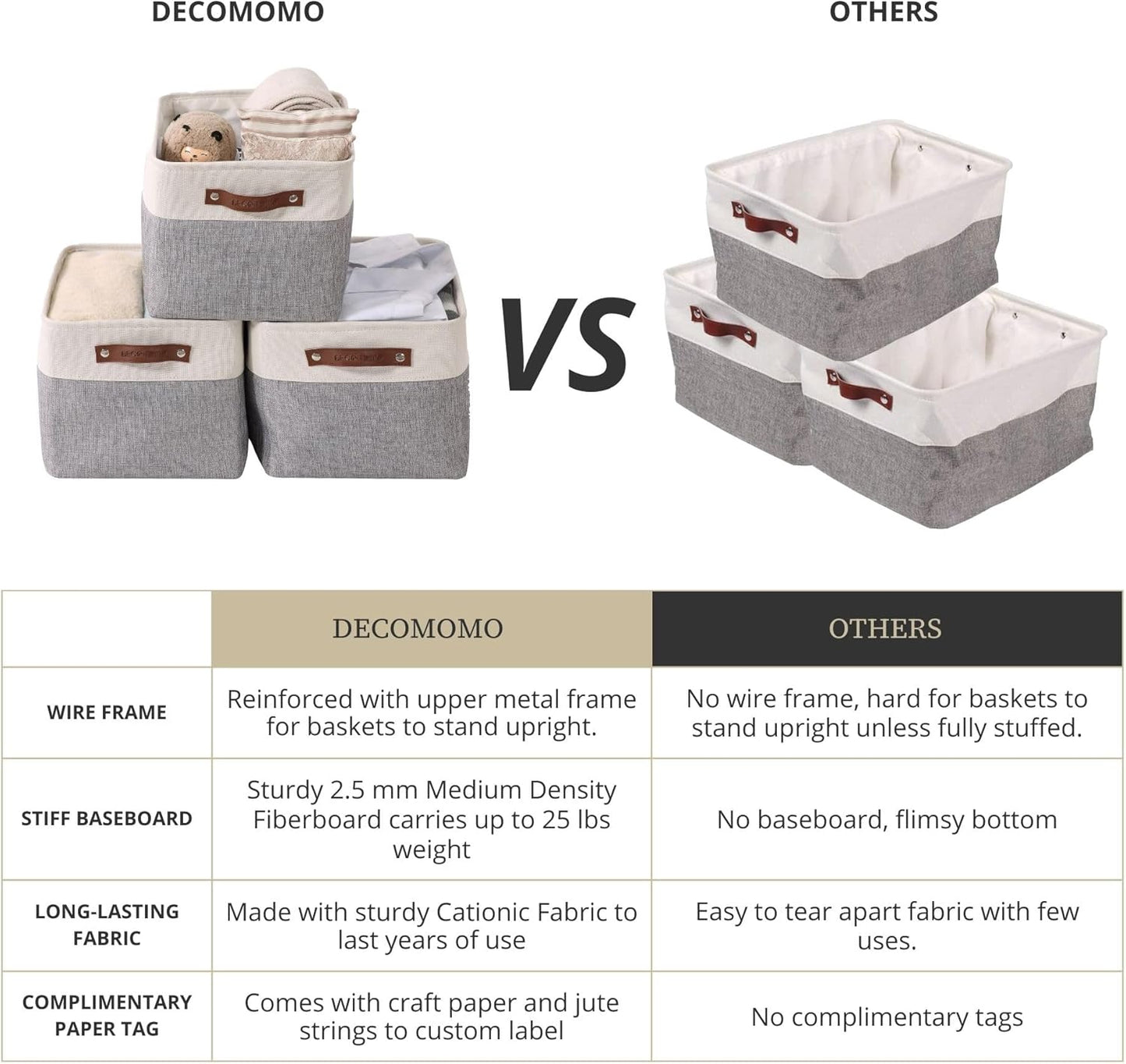 DECOMOMO Storage Baskets for Shelves - Fabric Storage Bins, Linen Closet Organizers and Storage (Grey & White, XL - 3 Pack)