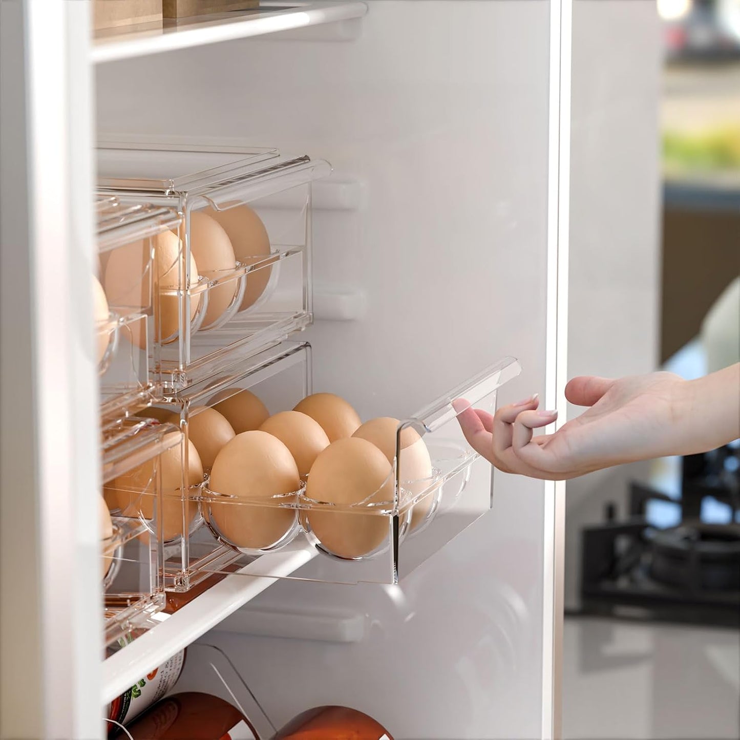Egg Storage for Refrigerator, Stackable 18 Egg Holder for Fridge, BPA Free Refrigerator Organizer Bins, Transparent Egg Dispenser