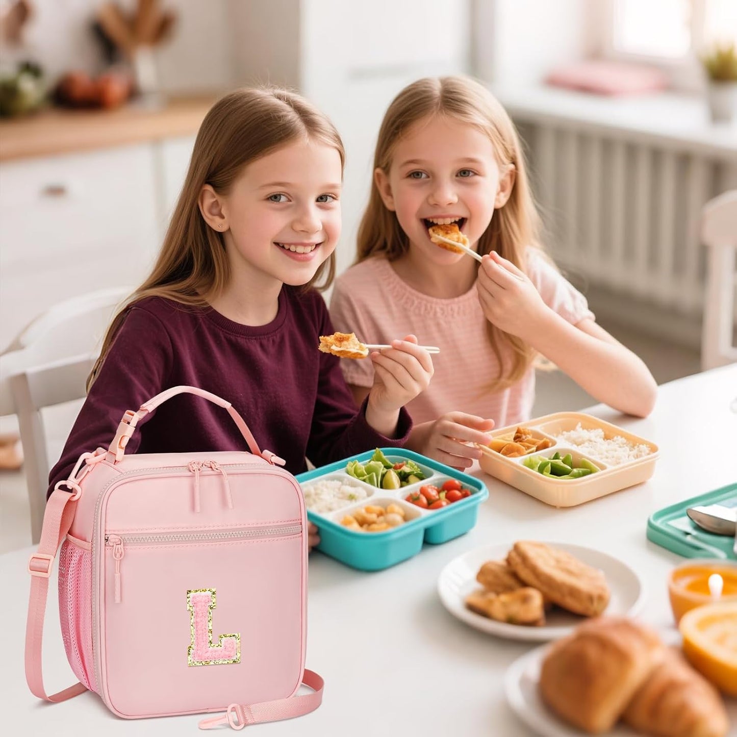 Initial Insulated Lunch Bag for Girls Kids, Back to School Gift, Reusable Leak-proof Lunch Box with Adjustable Strap for School Daycare Travel Picnic (Pink,L)