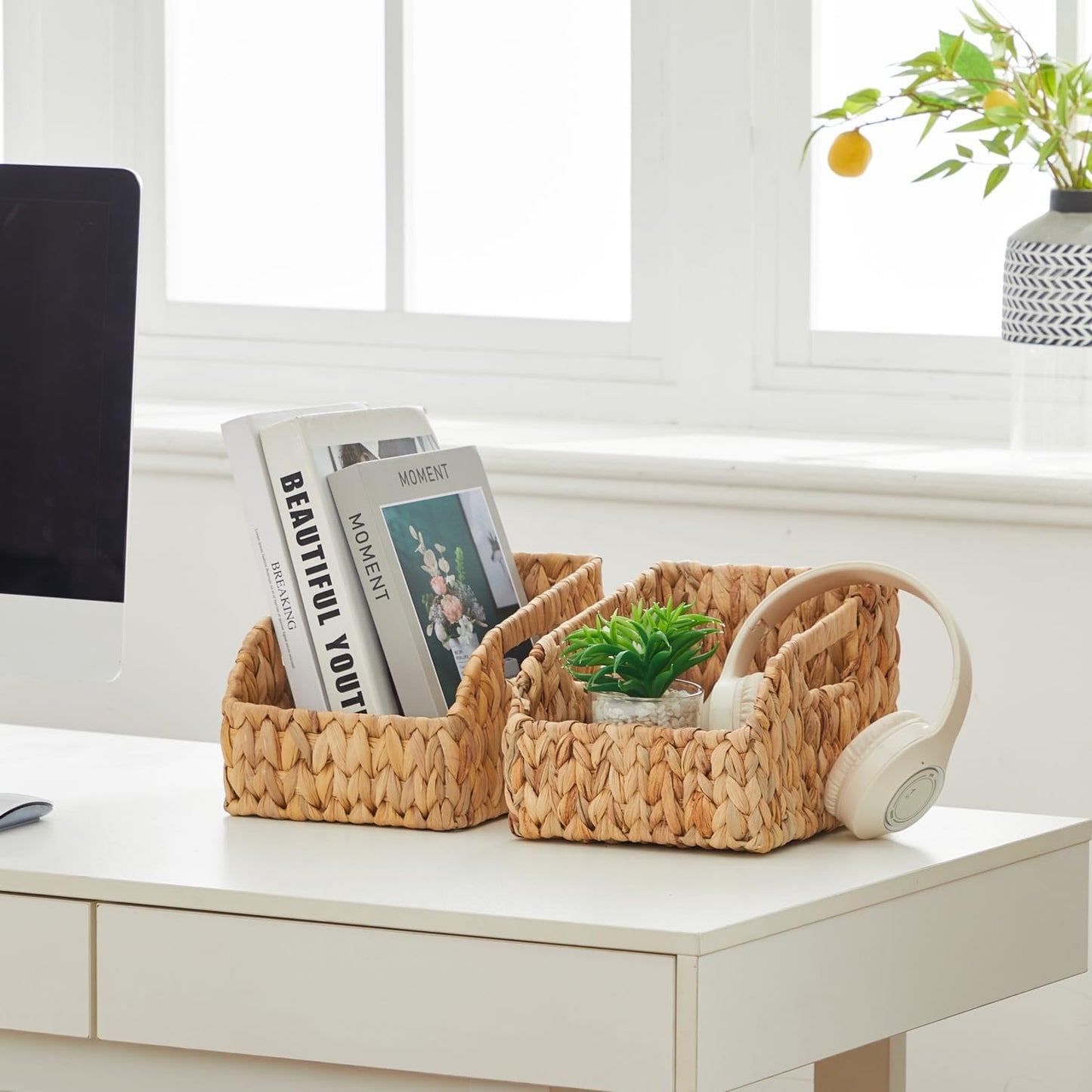 Wicker Baskets for Organizing,Pantry Baskets with Built-in Handles, Handwoven Wicker Storage Basket, Water Hyacinth Storage Bins for Shelves, 3 Pack, Natural 2 Set