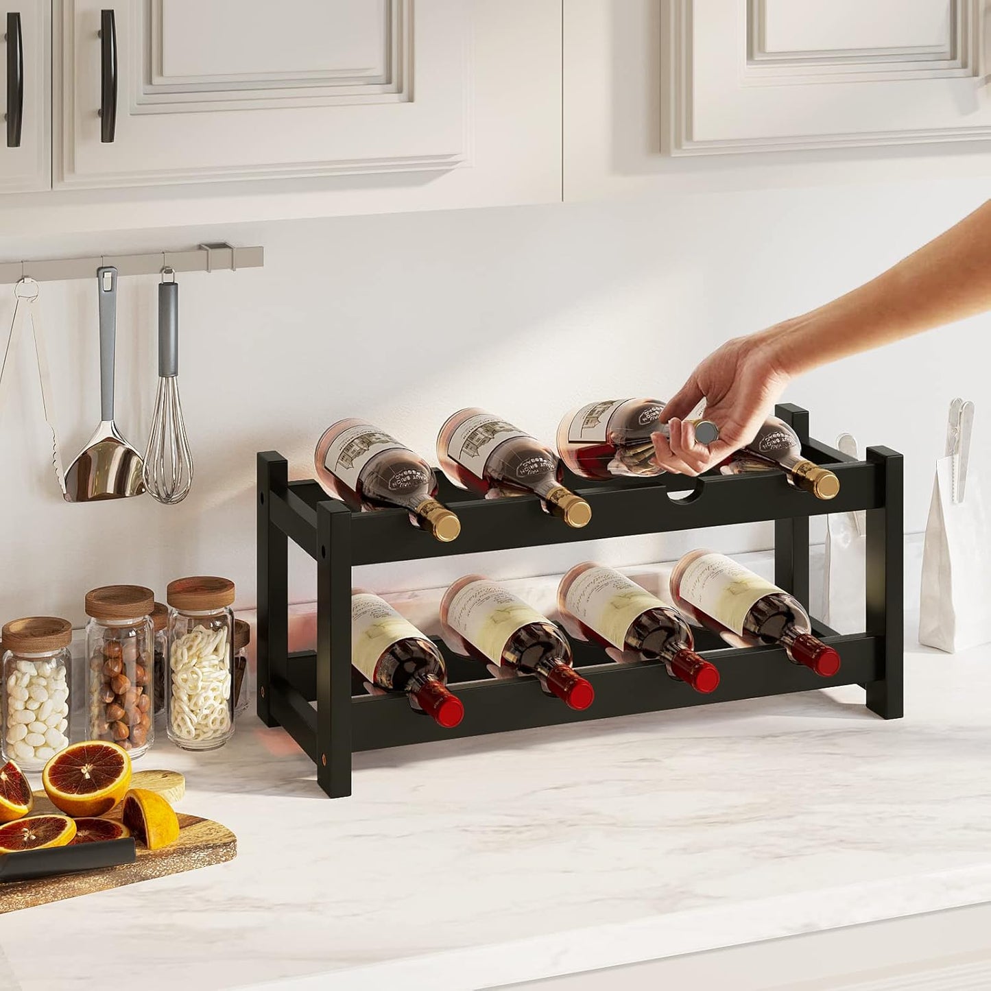 BAMEOS Wine Rack Freestanding 8 Bottle 2 Tier Bamboo Wine Racks Countertop Cabinet Wine Holder Wine Storage Shelf for Kitchen, Bar, Pantry, Wine Cellar, Countertop Black (16.85 L x 9.25W x 7H)