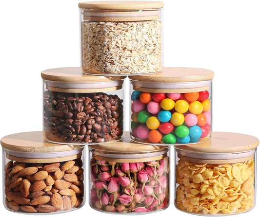 ComSaf 0.5 Qt Glass Food Storage Jars Set of 6, Clear Glass Storage Containers with Lids, Pantry Organization Jar, Spice, Blooming Tea, Coffee, Cookie and Sugar Container, Small jar Set for Kitchen