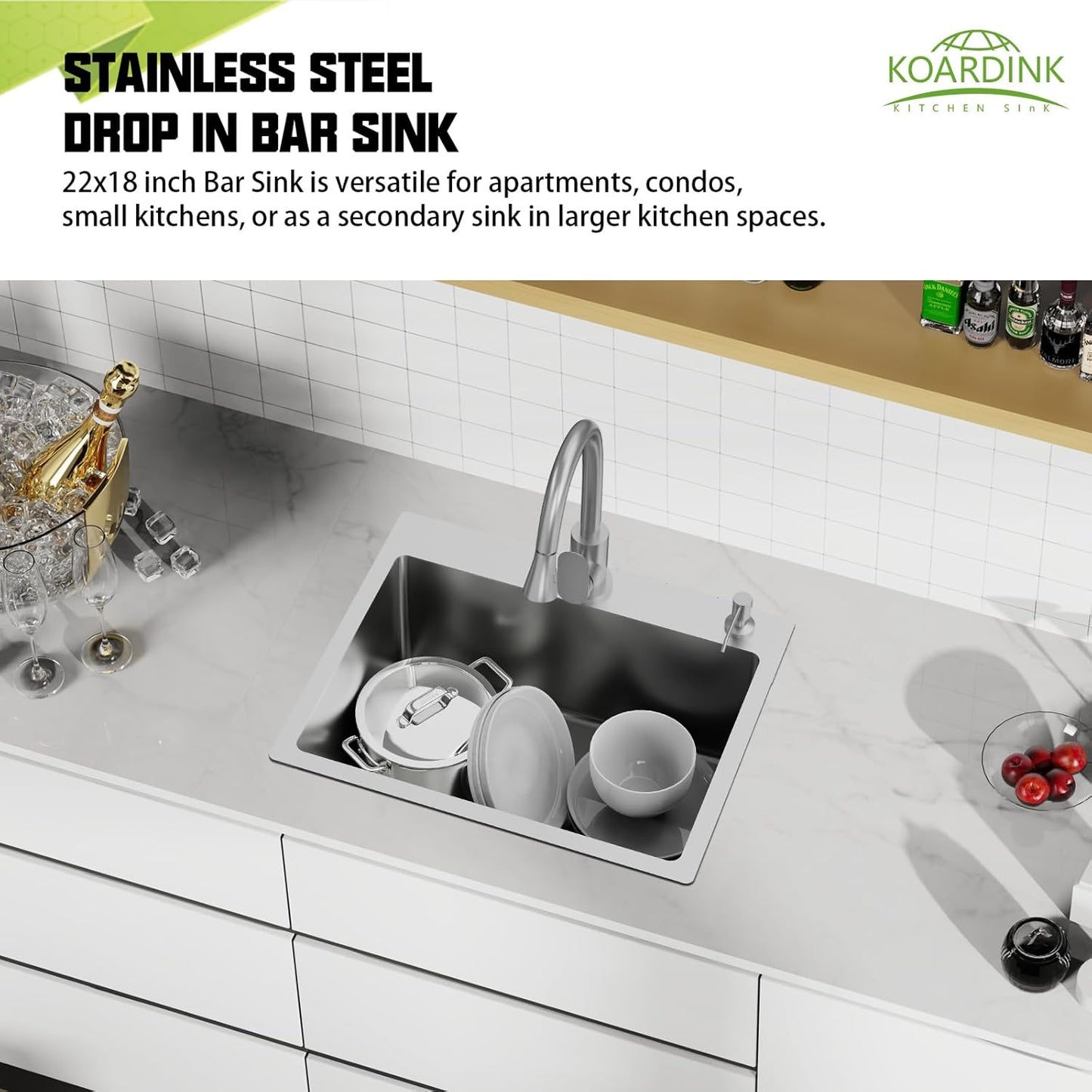 Kitchen And Bar Sink, 22x18 Inch Stainless Steel Drop In Kitchen Sink Modern Single Bowl Topmount Bar Sink Combo-Silicon Mat,Drain Strainer Set Compatibility With Various Kitchen & Bar Style