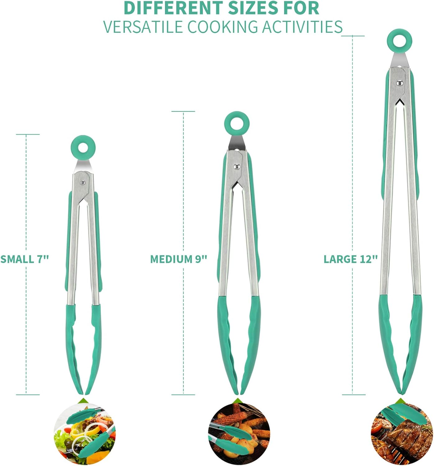 Kitchen Tongs, U-Taste 7/9/12 inches Cooking Tongs, with 600ºF High Heat-Resistant Non-Stick Silicone Tips, 18/8 Stainless Steel Handle, for Food Grill, Salad, BBQ, Frying, Serving, Pack of 3(Teal)