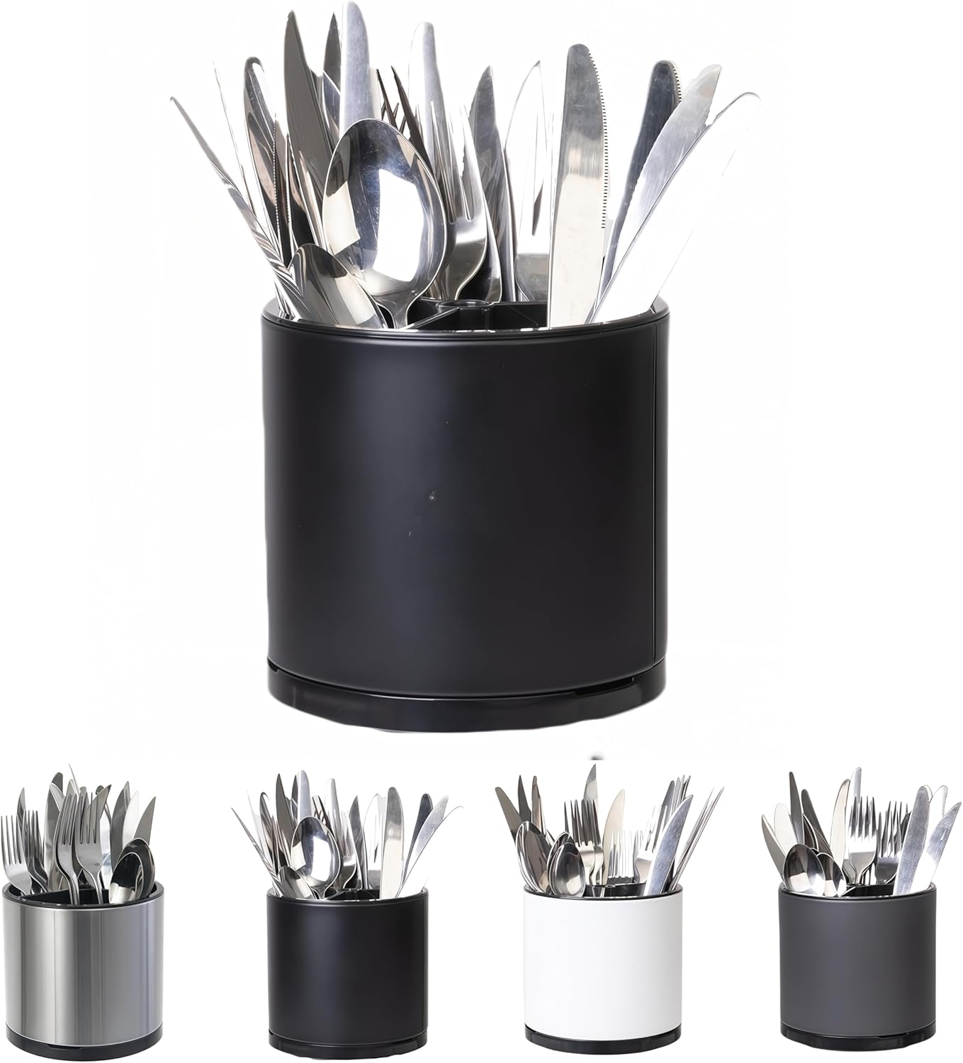 Kitchen Utensil Holder Silverware Organizer 360°Rotating For Counter Organizer Stainless Steel Storage Silverware Caddy 3 Compartment Flatware Spoon Spatula Tool Cutlery Container（Black）