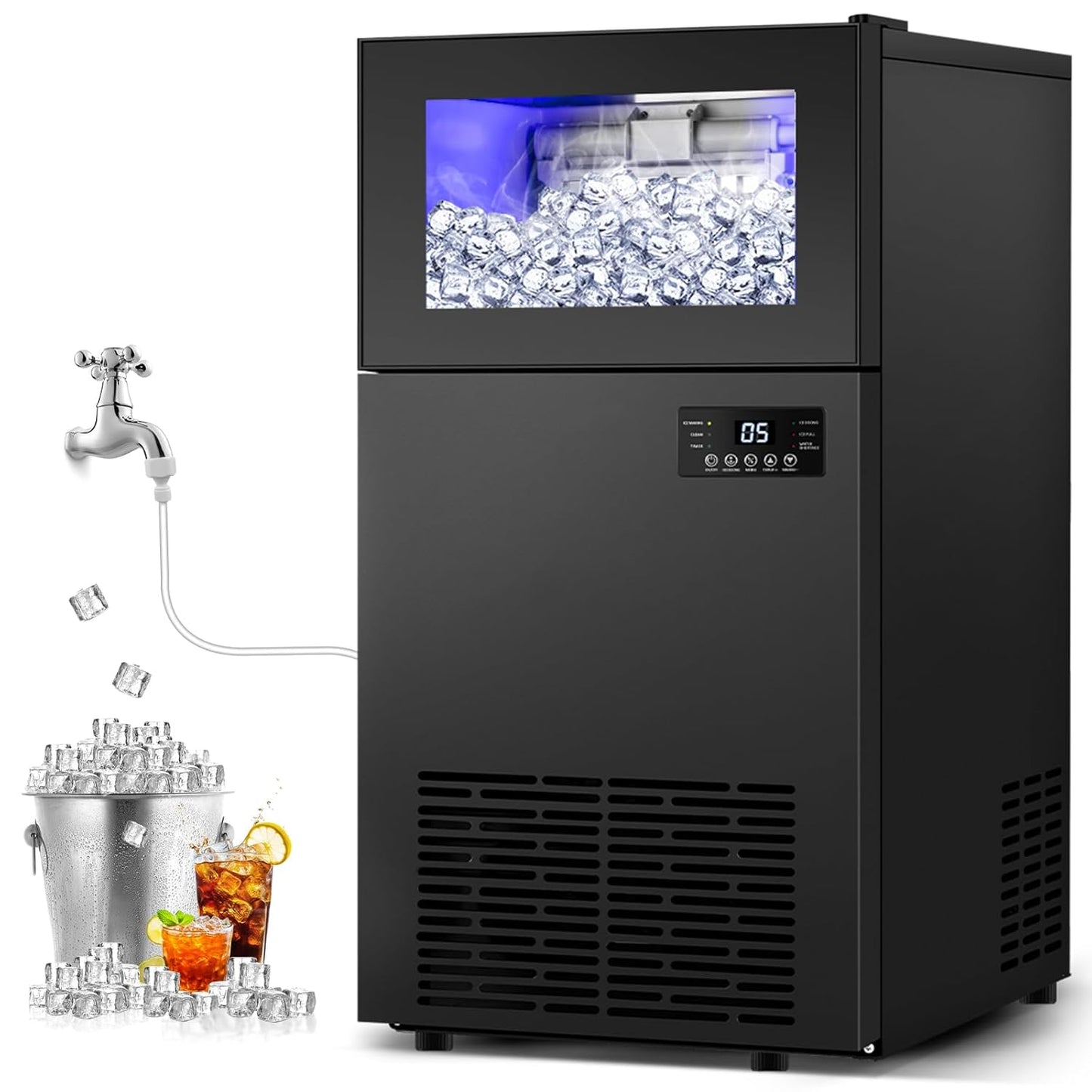 Commercial Ice Maker 160 LBS/24H, 15" Wide Under Counter Ice Maker with 35LBS Ice Storage Capacity, Commercial Ice Machine 63Pcs Clear Ice Cubes Built-in or Freestanding Large Ice Machine