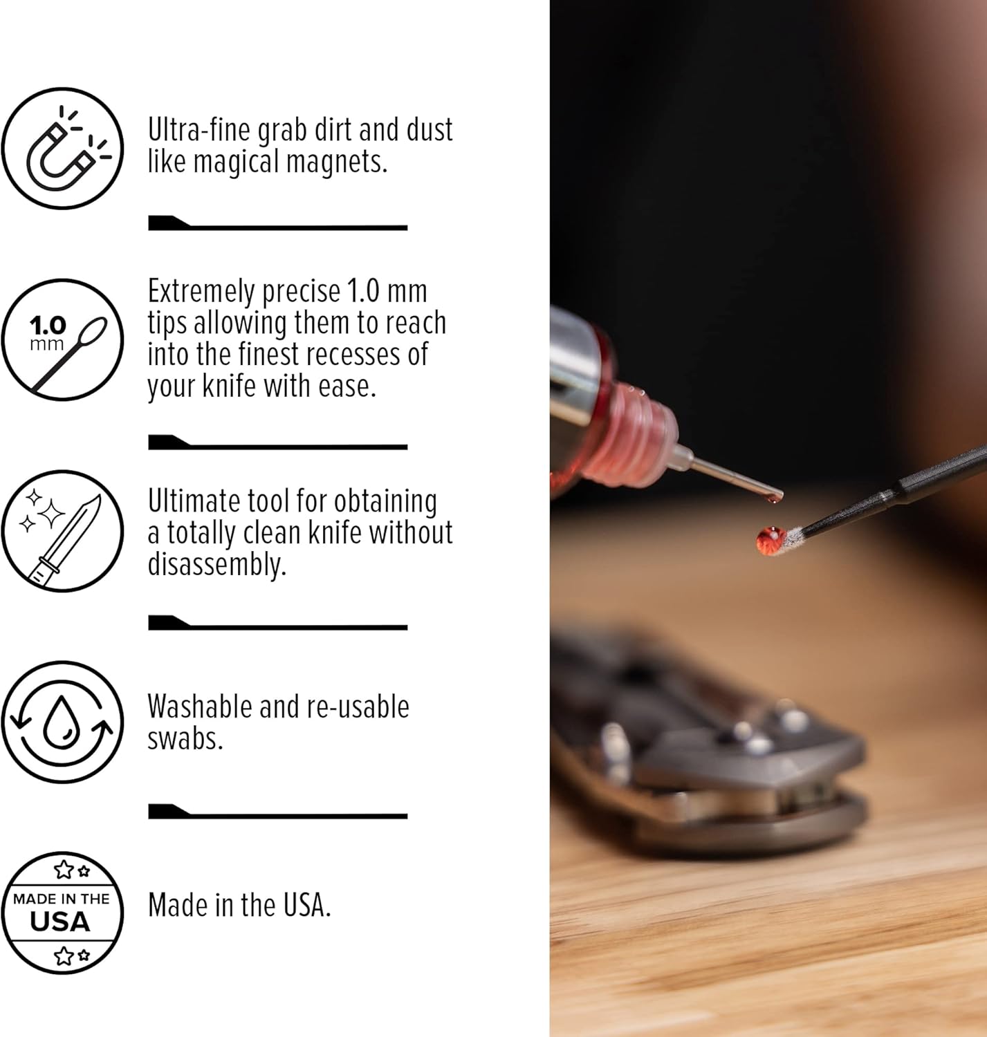 Knife Pivot Lube - KPL MicroFiber Knife Care Detail Swabs - Ultra-Precision Detailing Probes for Knife, Kitchen Cleaning Supplies, Pointed Swabs for Pocket Knives, Swab Applicators (50 Pack)