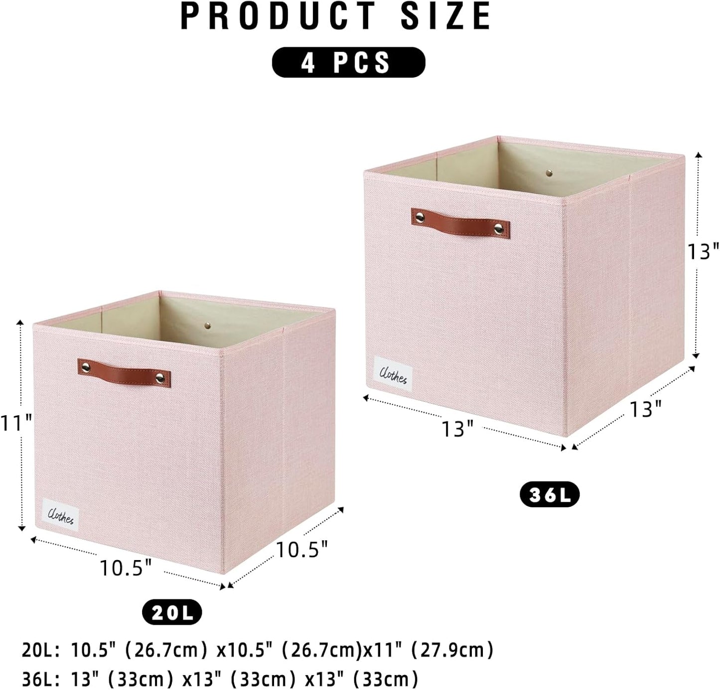 Collapsible Fabric Storage Cube Bins with 2 Reinforced PU Handles, Foldable Storage Organizer Baskets for Closet, Shelves, Living Room | 13"x13"x13", 4 Pack, Full Pink