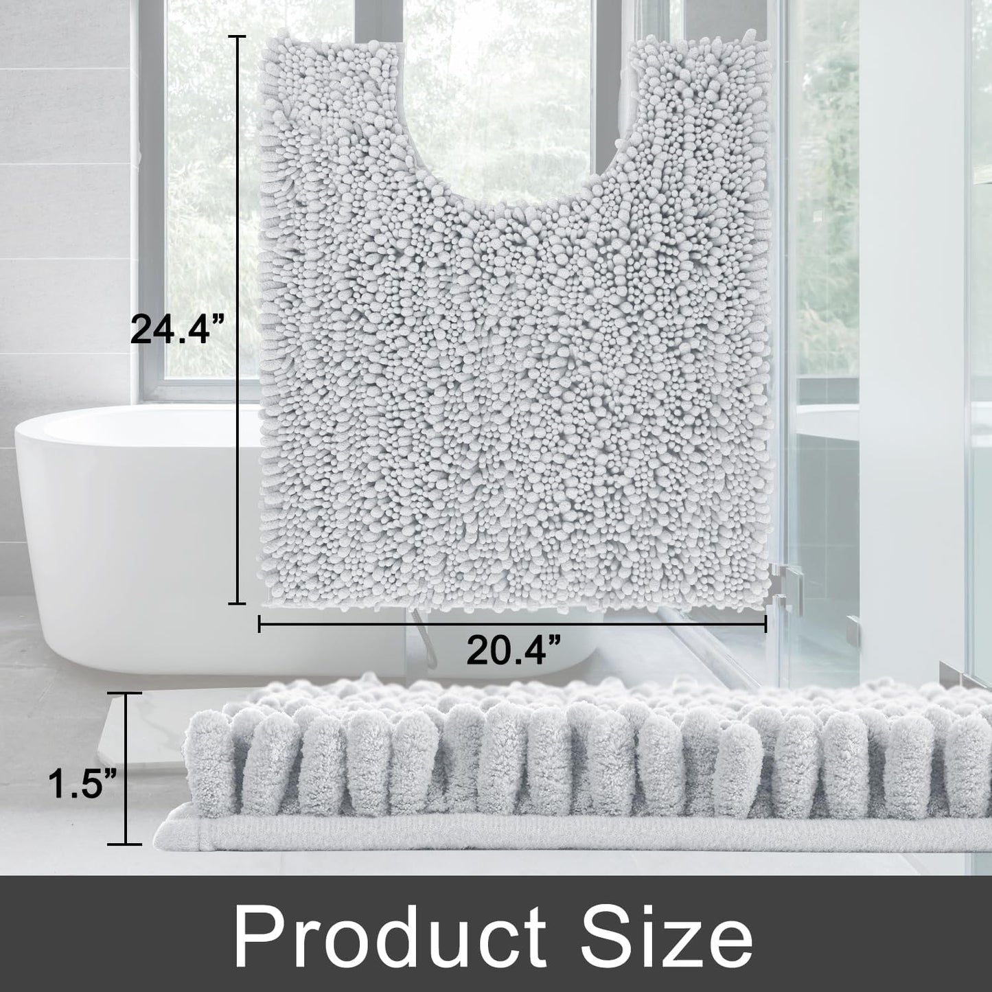 Yimobra Toilet Rug U Shaped Washable 24x20 Inch - Ultra Soft Absorbent Chenille Bath Rugs for Toilet, Quick Dry & Machine Washable, Non Slip Contour Bathroom Mat, Silver