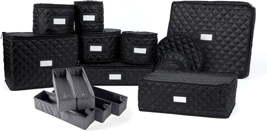 Covermates Keepsakes - Dish Storage Set - Padded Protection - ID Window - Stain Resistant - Machine Washable - China Storage, Black