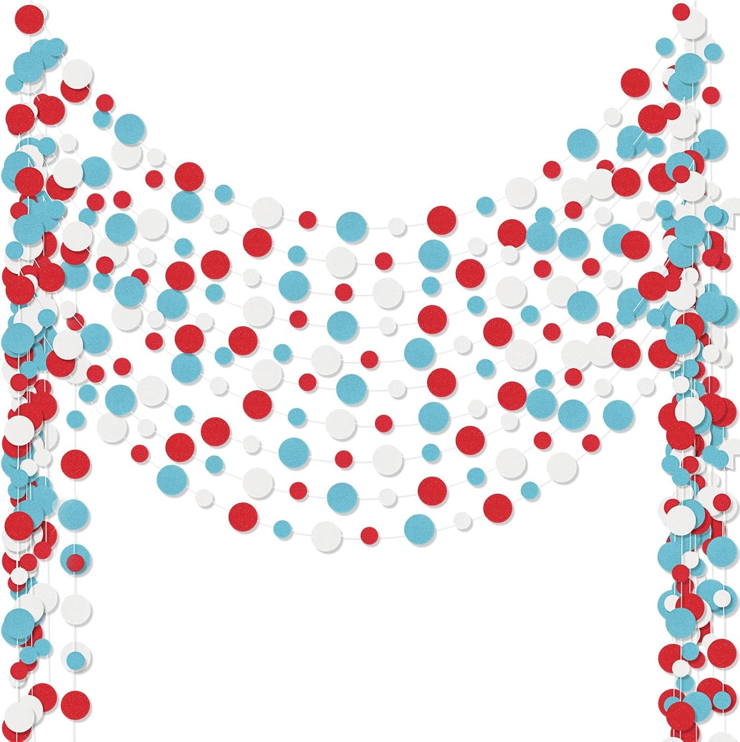 Outus 10 Pieces Colorful Dots Paper Garland Round Glitter Garland Hanging Confetti Streamers Backdrop Decoration for Birthday Classroom Candy Sprinkles Trunk or Treat Party (Light Blue,White,Red)