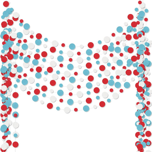 Outus 10 Pieces Colorful Dots Paper Garland Round Glitter Garland Hanging Confetti Streamers Backdrop Decoration for Birthday Classroom Candy Sprinkles Trunk or Treat Party (Light Blue,White,Red)