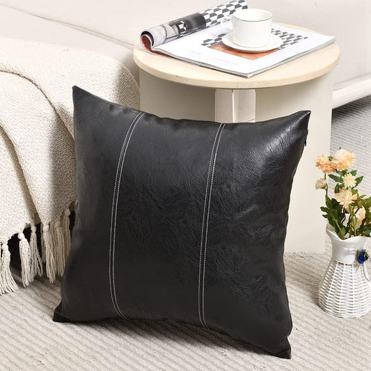 Fancy Homi Black Boho Faux Leather Decorative Throw Pillow Covers 16x16 Inch for Living Room Couch Bed Sofa, Rustic Modern Farmhouse Home Decor, Hand Stitched Square Cushion Case 40x40 cm