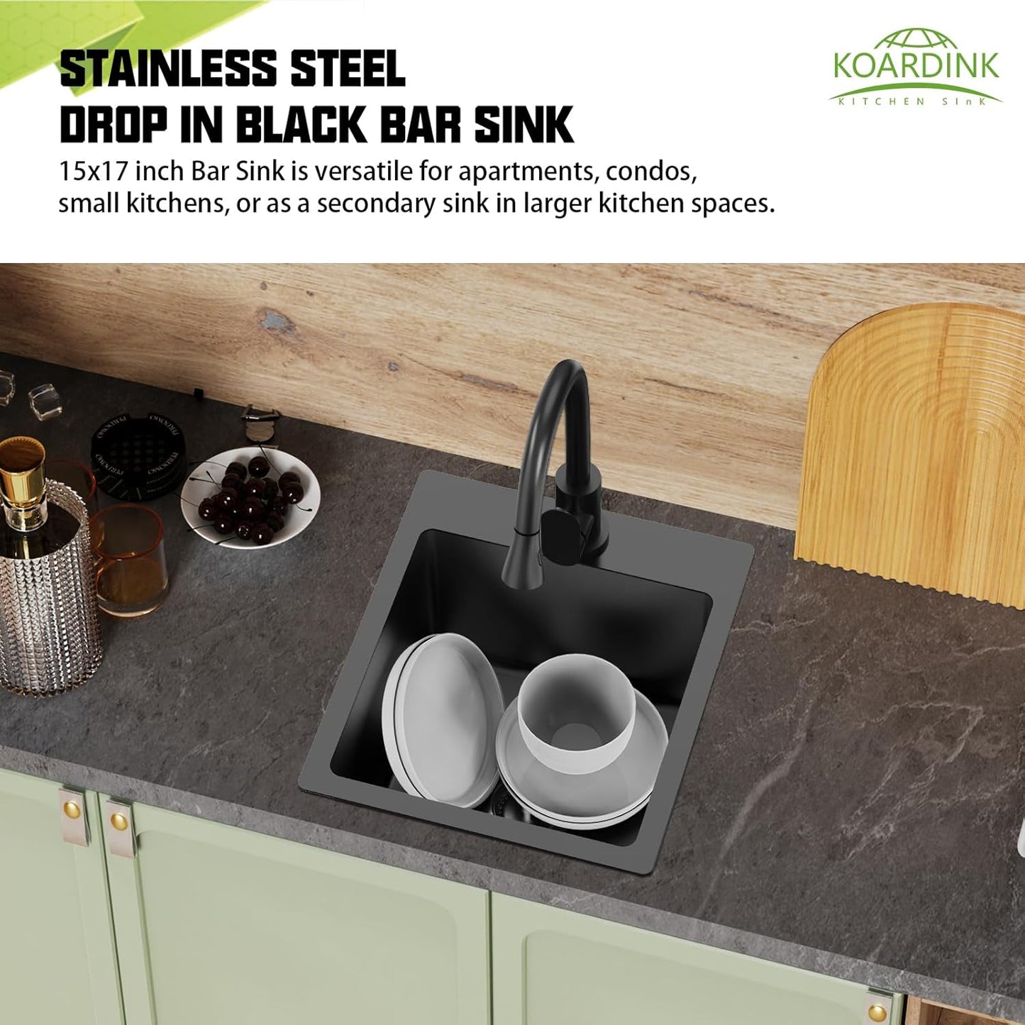 Black Kitchen And Bar Sink, 15x17 Inch Stainless Steel Drop In Kitchen Sink Modern Single Bowl Topmount Bar Sink Combo-Silicon Mat,Drain Strainer Set Compatibility With Various Kitchen & Bar Style