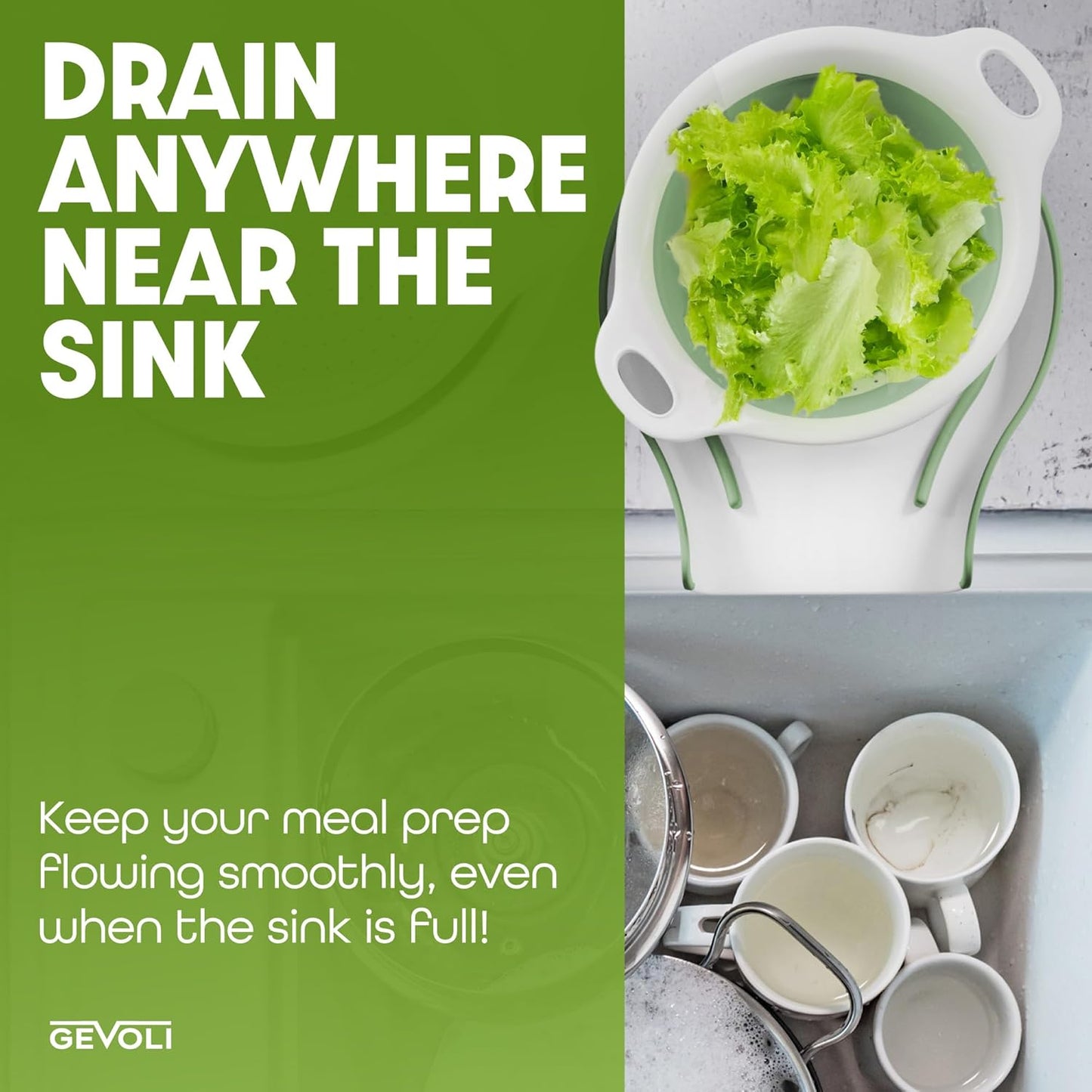 Collapsible Colanders (2 Pack Set) Food Strainers with Over-Sink Water Draining Base for Pasta Fruits and Vegetables (4 and 5 Quart) - White/Sage