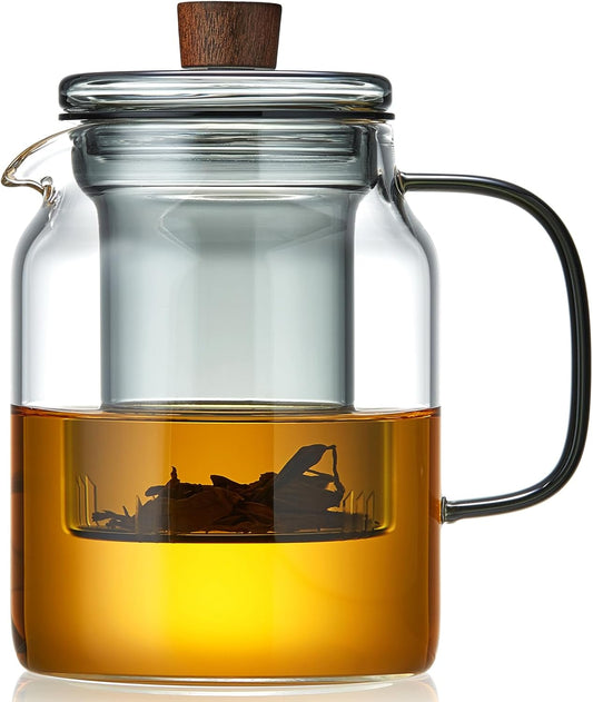 Glass Tea Pot, 560ML Borosilicate Glass Teapot (Gray) with Detachable Glass Tea Infuser, Clear Loose Leaf Glass Tea Kettle, Blooming Tea, Tea bag 19OZ