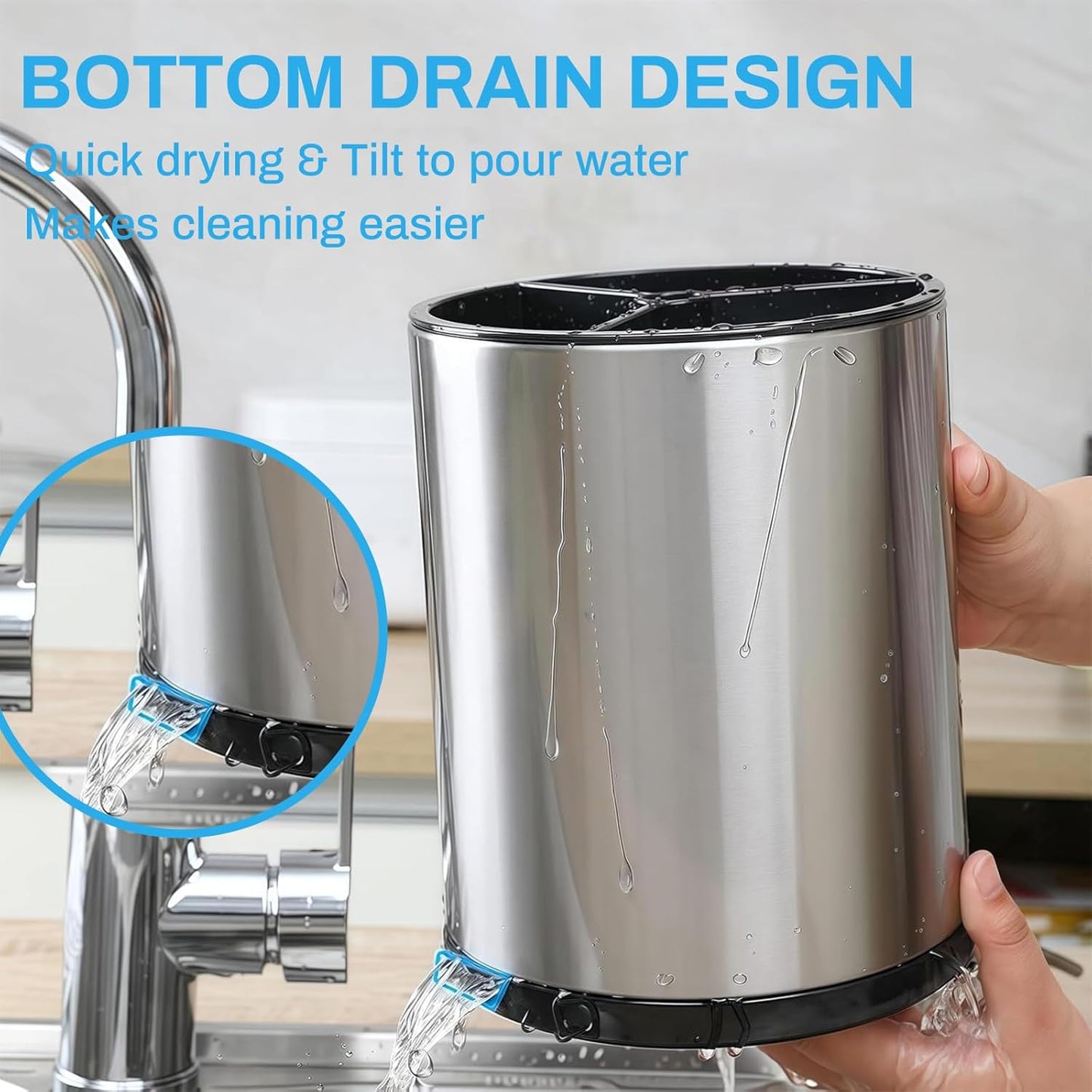 Kitchen Utensil Holder - 360° Rotating Stainless Steel Countertop Organizer for Spoons, Spatulas & Cutlery Storage, Cooking Silverware Caddy with Removable Base, Beige