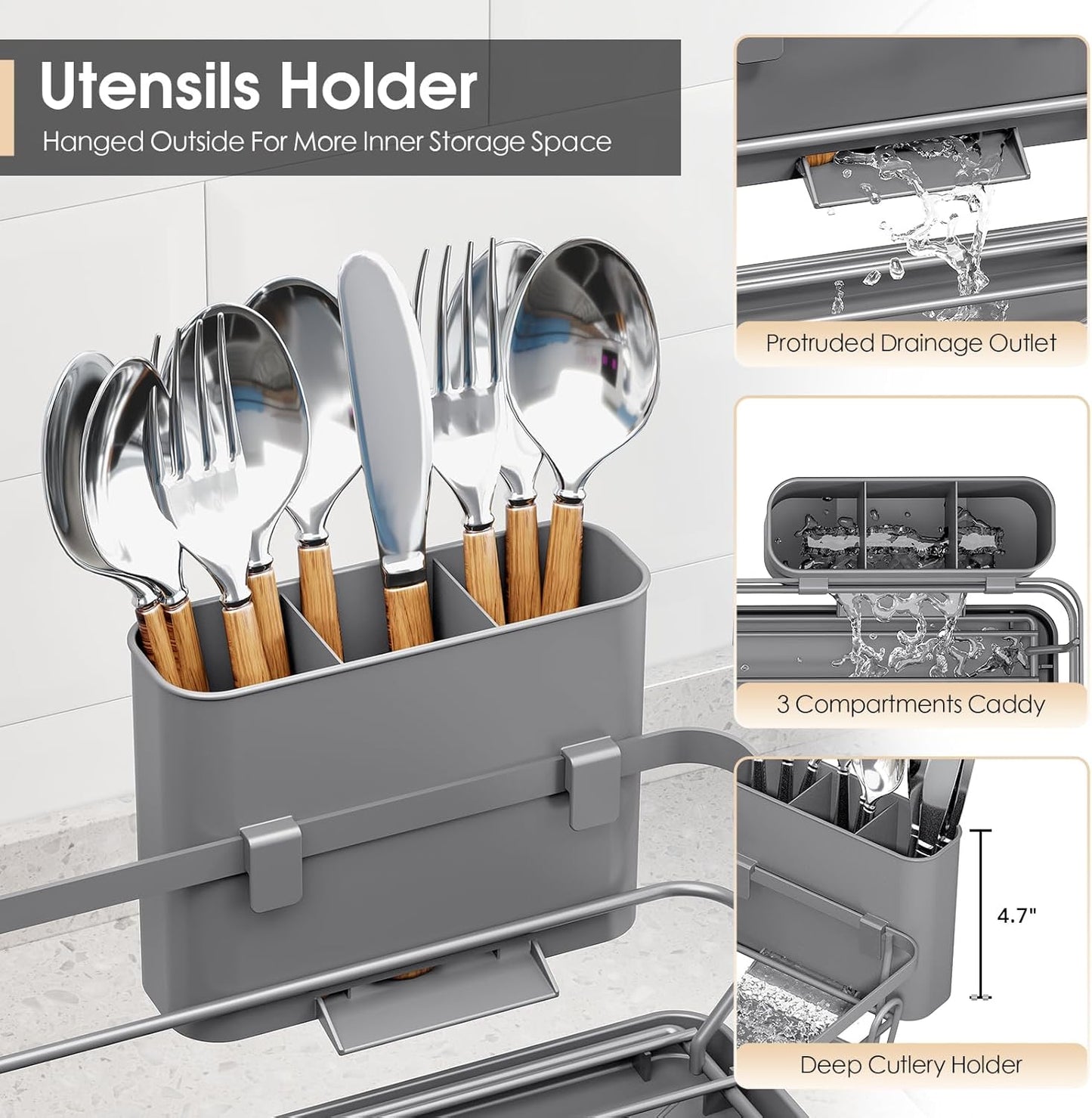 Dish Drying Rack for Kitchen Counter, Sink Dish Rack with Drainboard, Large Dish Drainer with Cups Holder, Home Countertop Plate Dryer Storage Rack with Cutlery Holder, Gray