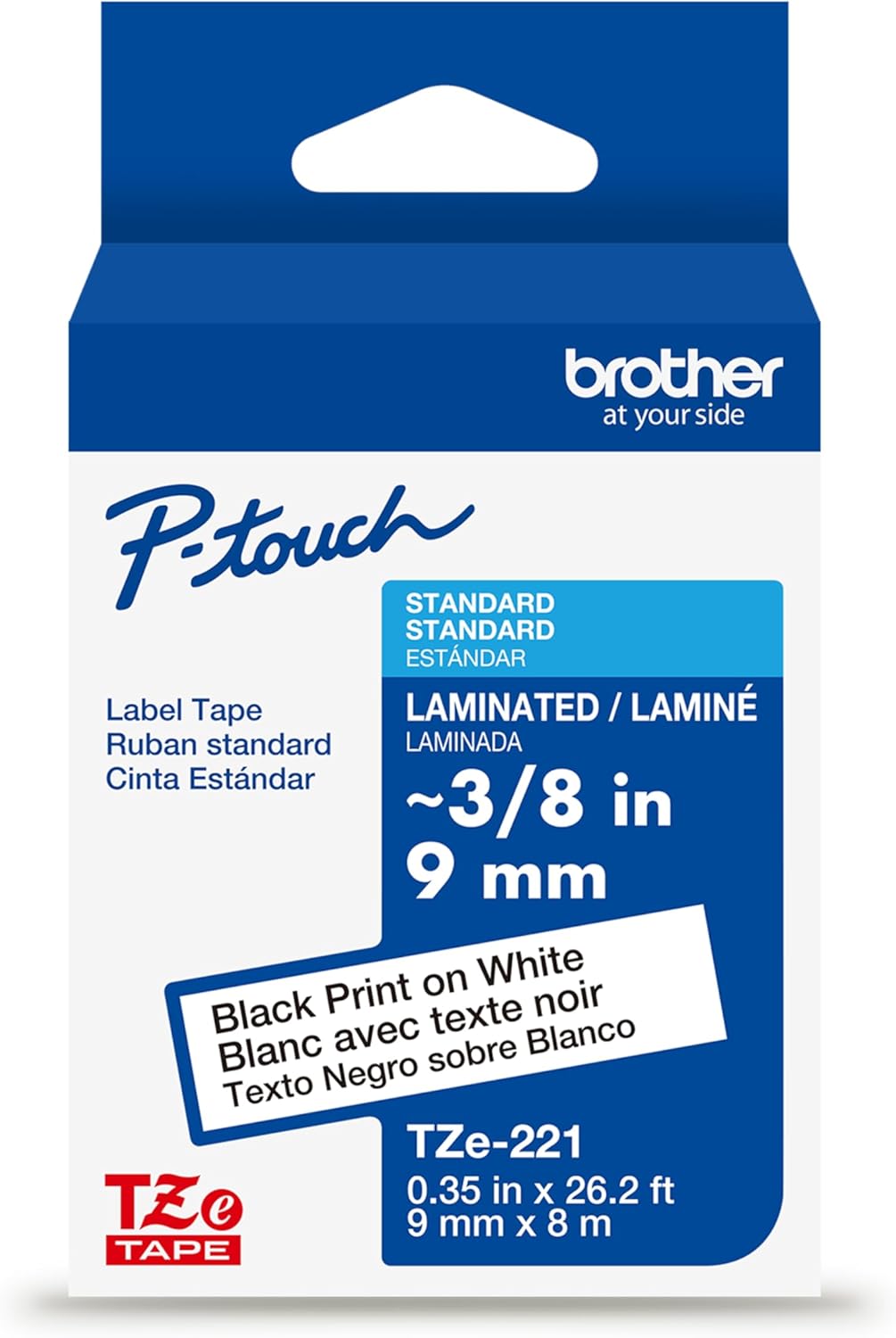 Brother Genuine TZe221~3/8" Black Print on White Label Tape. Each: 0.35 in x 26.2 ft (9 mm x 8 m)