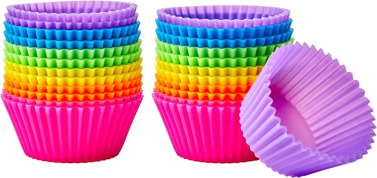 Amazon Basics Reusable Silicone Baking Cups, Non-Stick, BPA Free, Dishwasher Safe, 2.9 x 2.9 x 1.3 in (LxWxH), Multicolor, Pack of 24