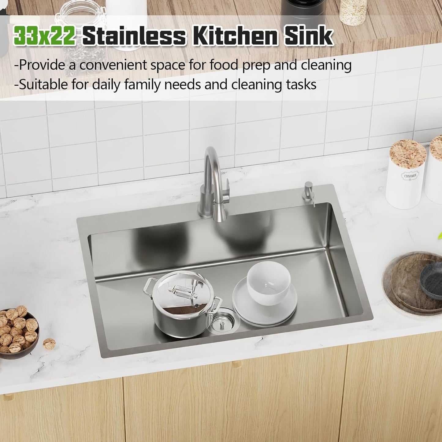 Kitchen Sink, 33x22 Inch Stainless Steel Drop In Modern Single Bowl Topmount Kitchen Sink Combo-Silicon Mat,Drain Strainer Set Offering Large Basin And Compatibility With Various Kitchen&Bar Style