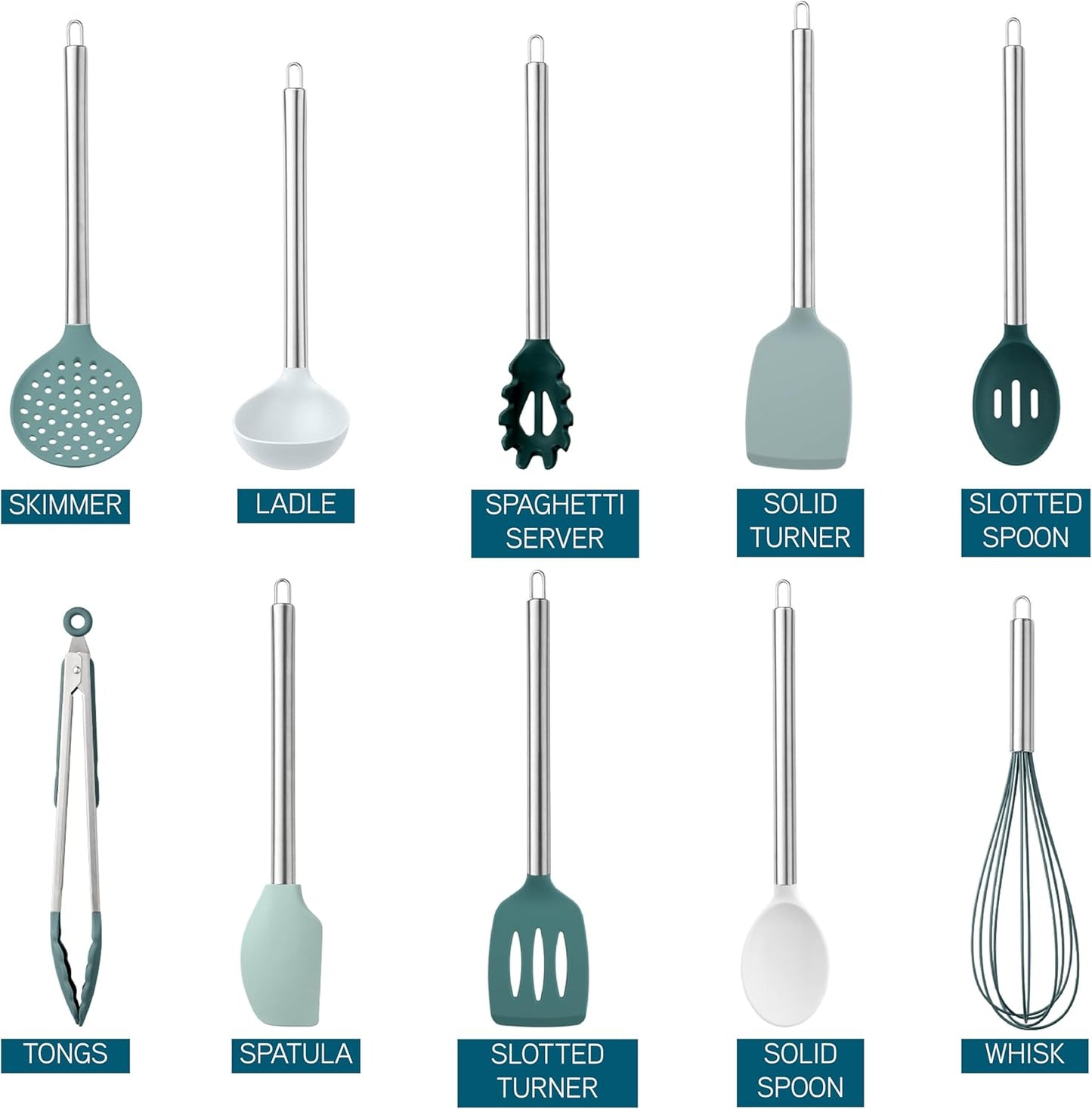 COOK WITH COLOR Silicone Cooking Utensils, Kitchen Utensil Set, Easy to Clean Silicone Kitchen Utensils, Cooking Utensils for Nonstick Cookware, Kitchen Gadgets Set, 10 Pieces, Teal