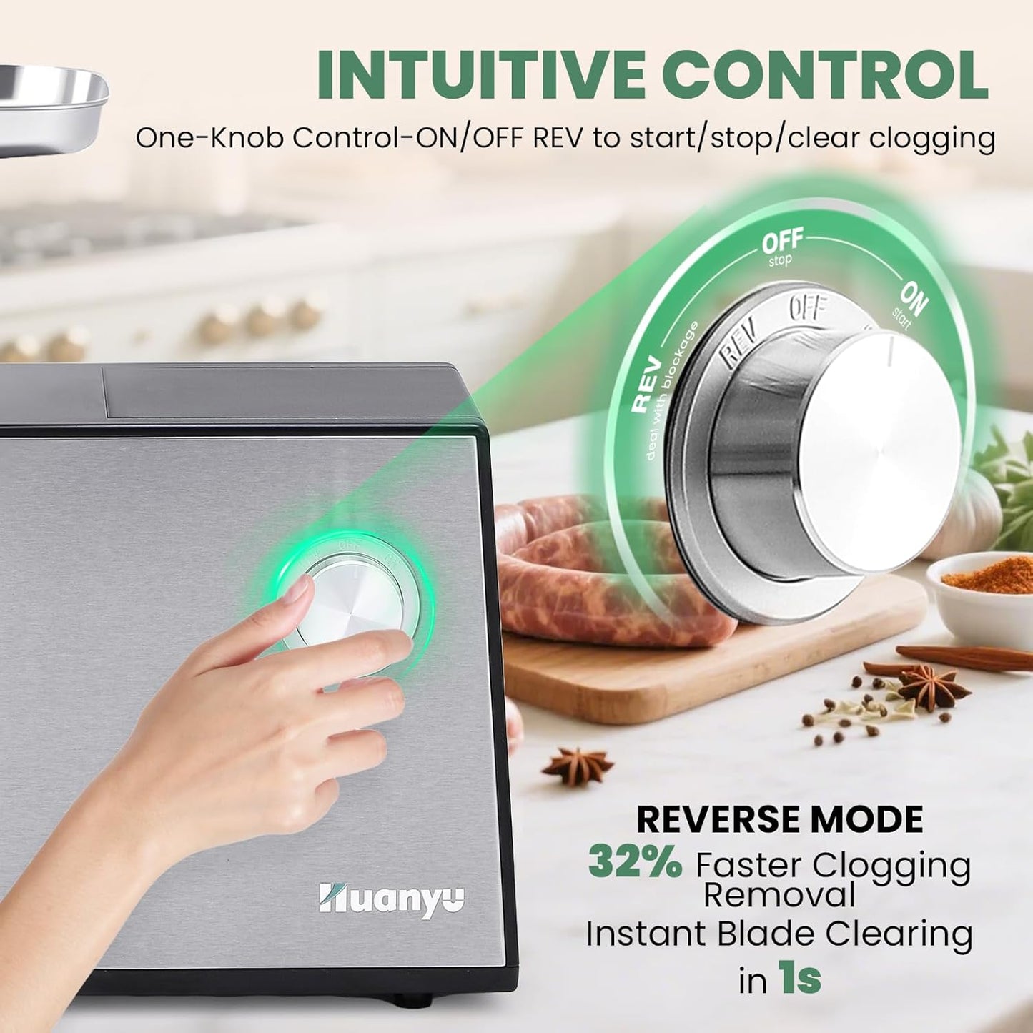 Huanyu Electric Meat Grinder 3200W Max Power, Built-in Storage, Heavy Duty, 2 Blades, 3 Plates, Sausage Tubes and Kubbe Kit #10 Outlet for Home Use