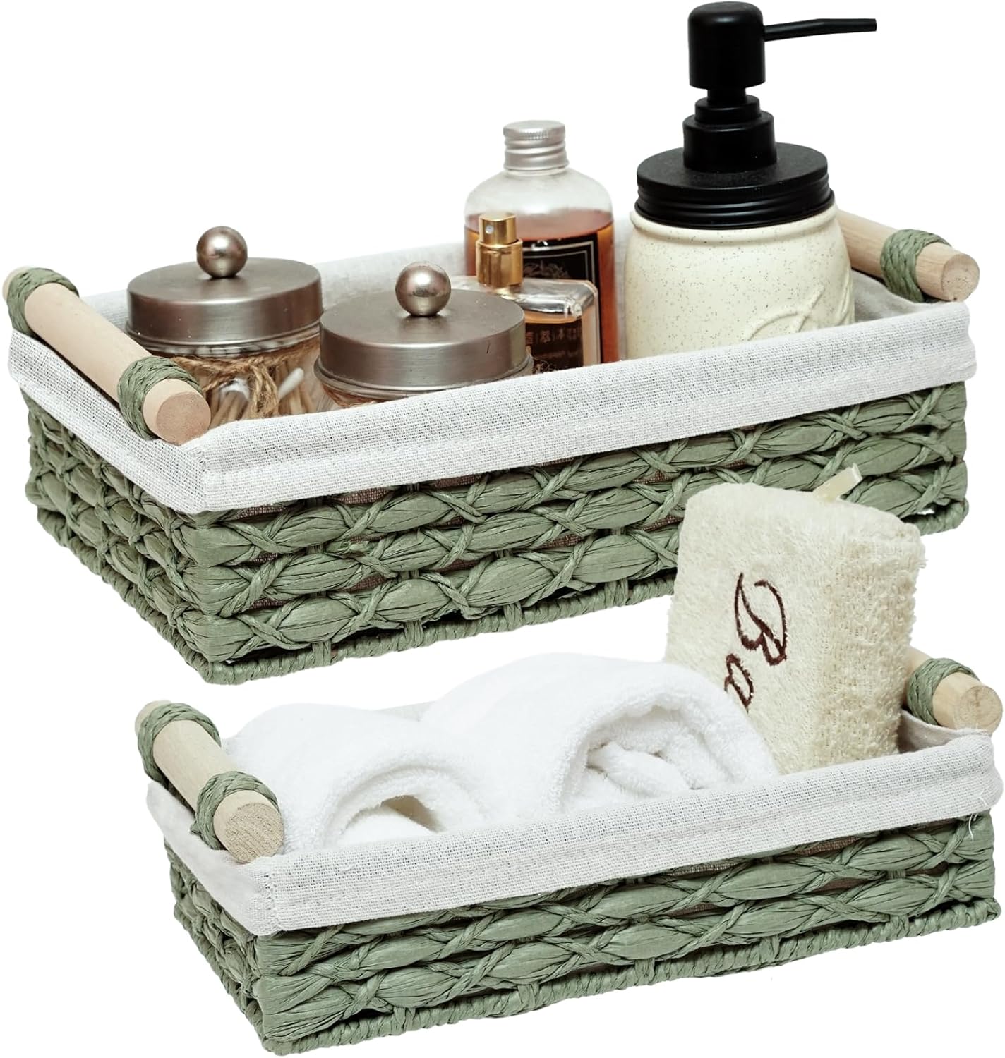 Storage Basket Wicker Baskets for Organizing with Handle Decorative Storage Bins for Countertop Toilet Paper Storage Basket for Toilet Tank Top Small Baskets Set (Set of 2,Green)