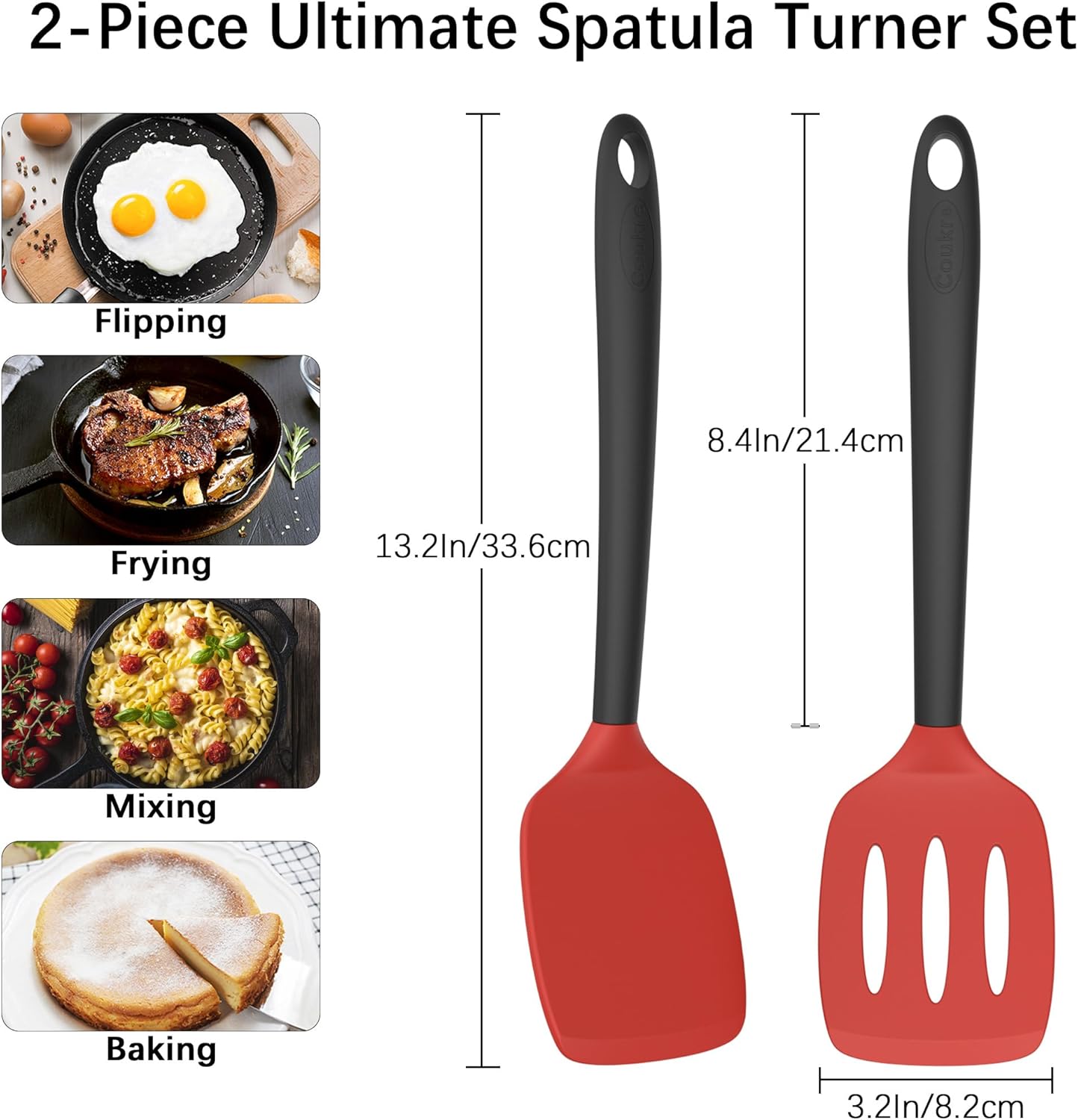 Coukre 2 Pack Silicone Spatula Set, High Heat Resistant, BPA Free Kitchen Spatula, Solid & Slotted Turner for Non-Stick Pans, Sautéing, and Flipping (2, Red)