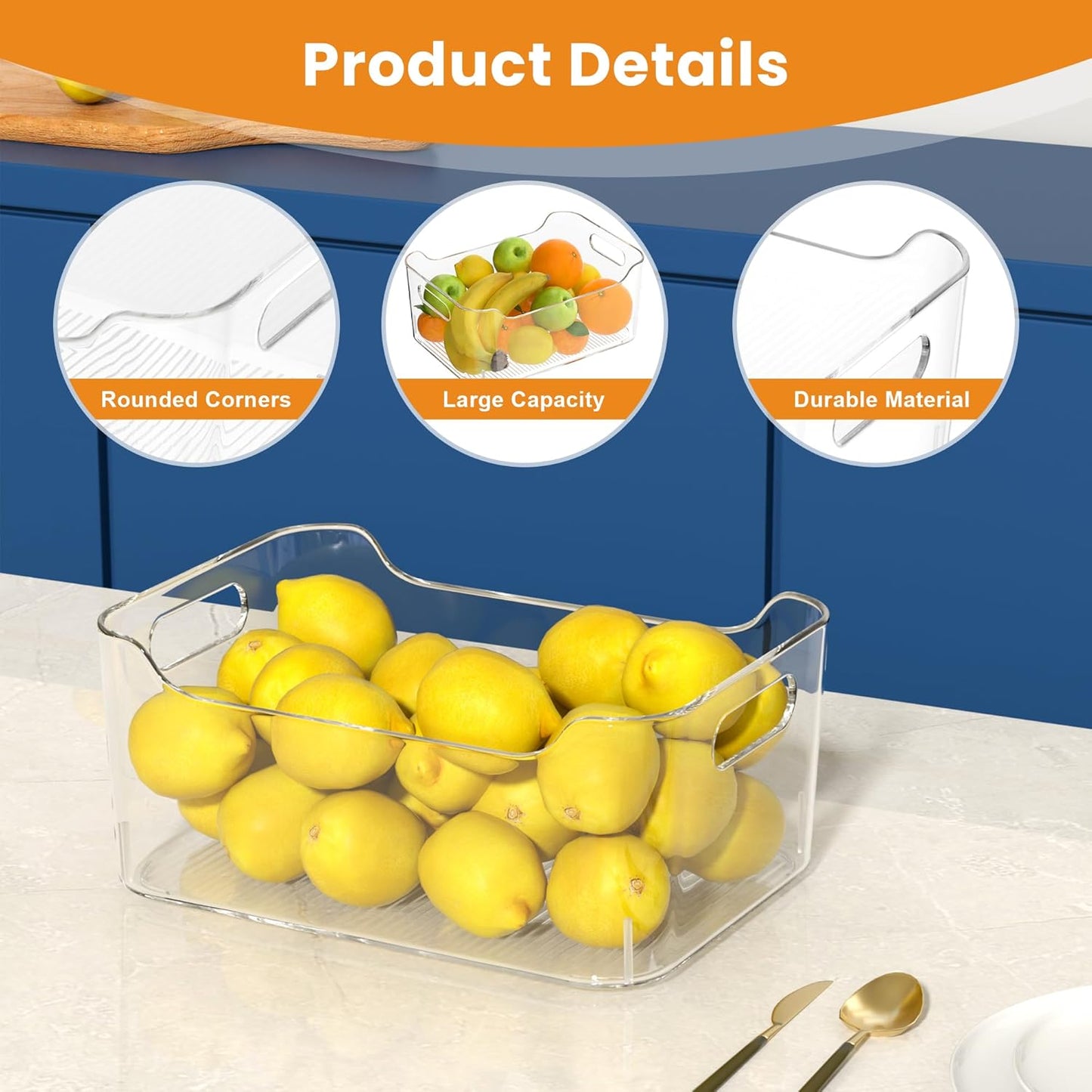 Clear Plastic Storage Bins-Pantry Organizers & Storage Containers-Refrigerator Organizer Bins with Handle - Home Organization Must Haves for Kitchen(Clear 4 Pack-Large)