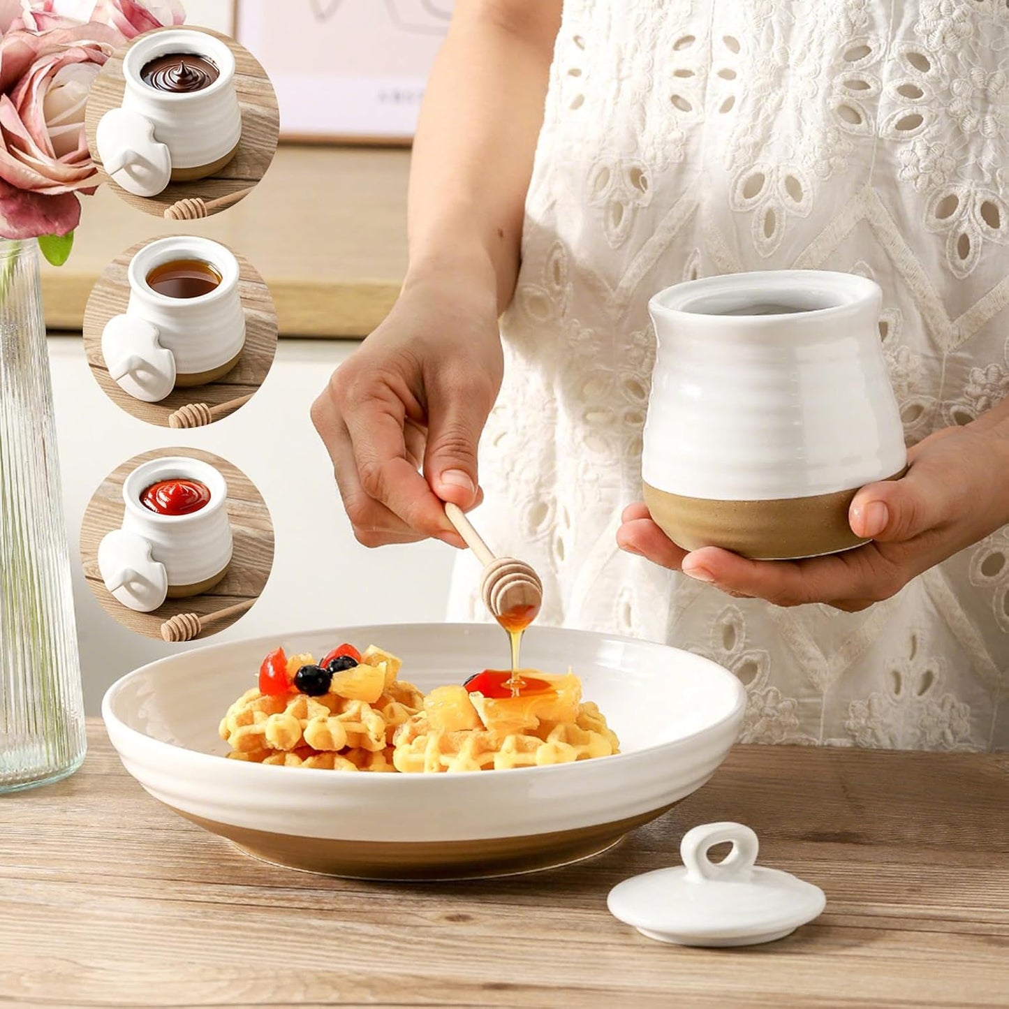 Ceramic 12 Ounce Honey Jar and Dipper Set,Porcelain Honey Pot with Lid and Wooden Dipper,Cute Honey Containers for Party,Holiday,Halloween Favors,Farmhouse Kitchen Decor,Dishwasher Safe,White