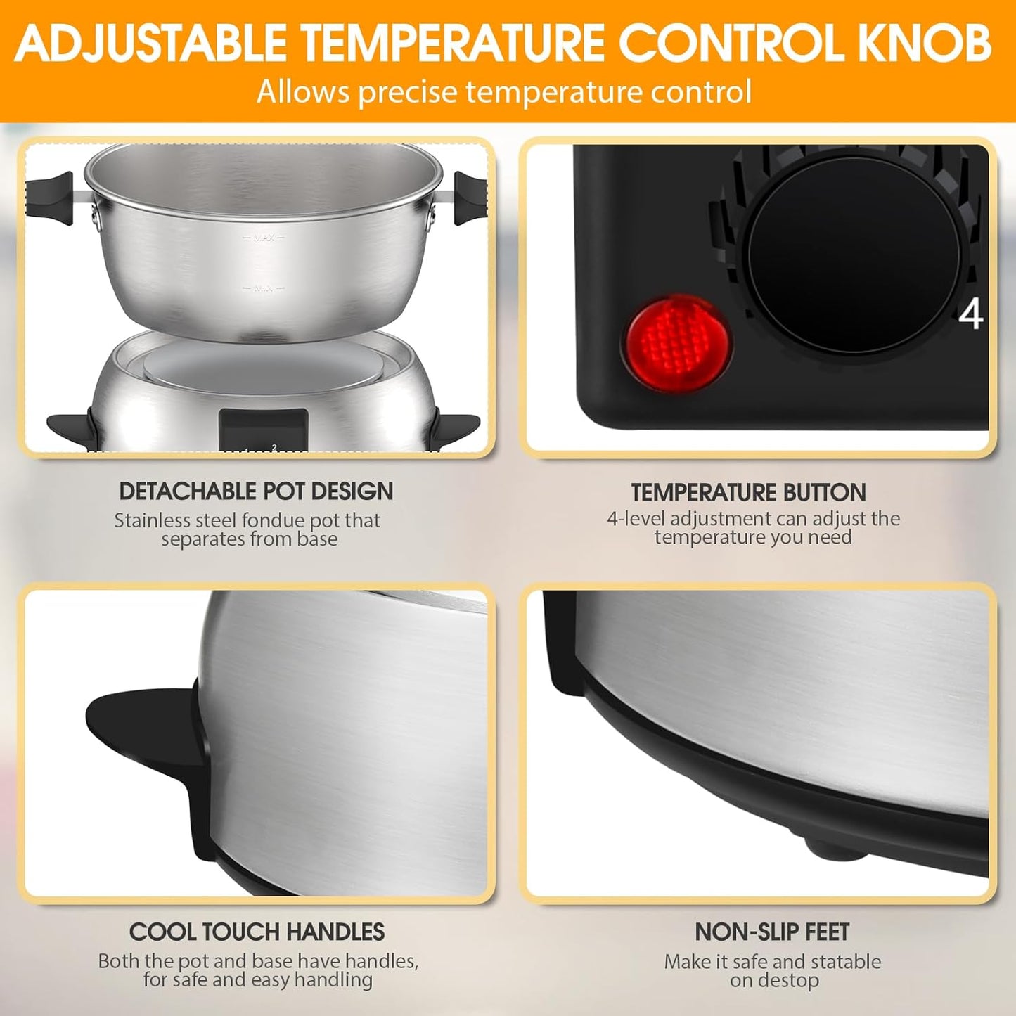 Electric Fondue Pot Set,2-Quart 1000-Watt Stainless Steel Fondue Maker with Temperature Control,8 Forks,Perfect for Chocolate, Cheese, Caramel