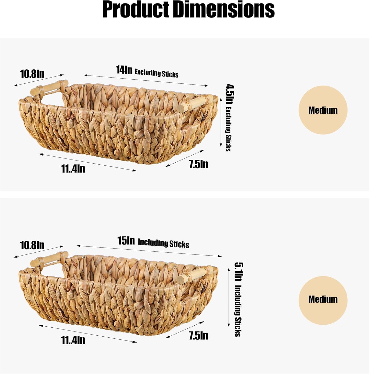 Woven Storage Baskets – Set of 2 Handwoven Water Hyacinth Wicker Baskets with Wooden Handles for Organizing, Decorative Baskets for Laundry Room, Home Decor - 2 Medium