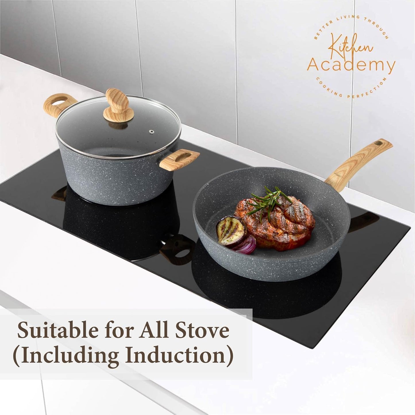 Kitchen Academy Induction Cookware Sets - 12 Piece Gray Cooking Pan Set, Granite Nonstick Pots and Pans Set
