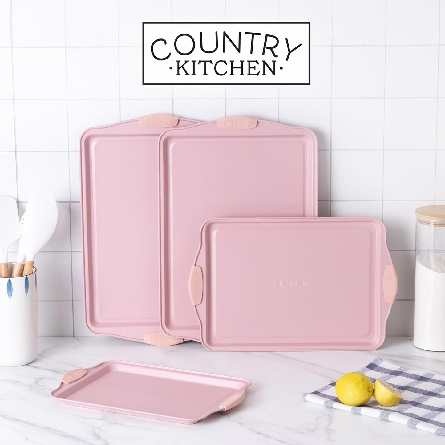 Country Kitchen Nonstick Stackable Bakeware Set - Heavy Duty, Durable, Easy Release Baking Set, Pink, 4 Pcs