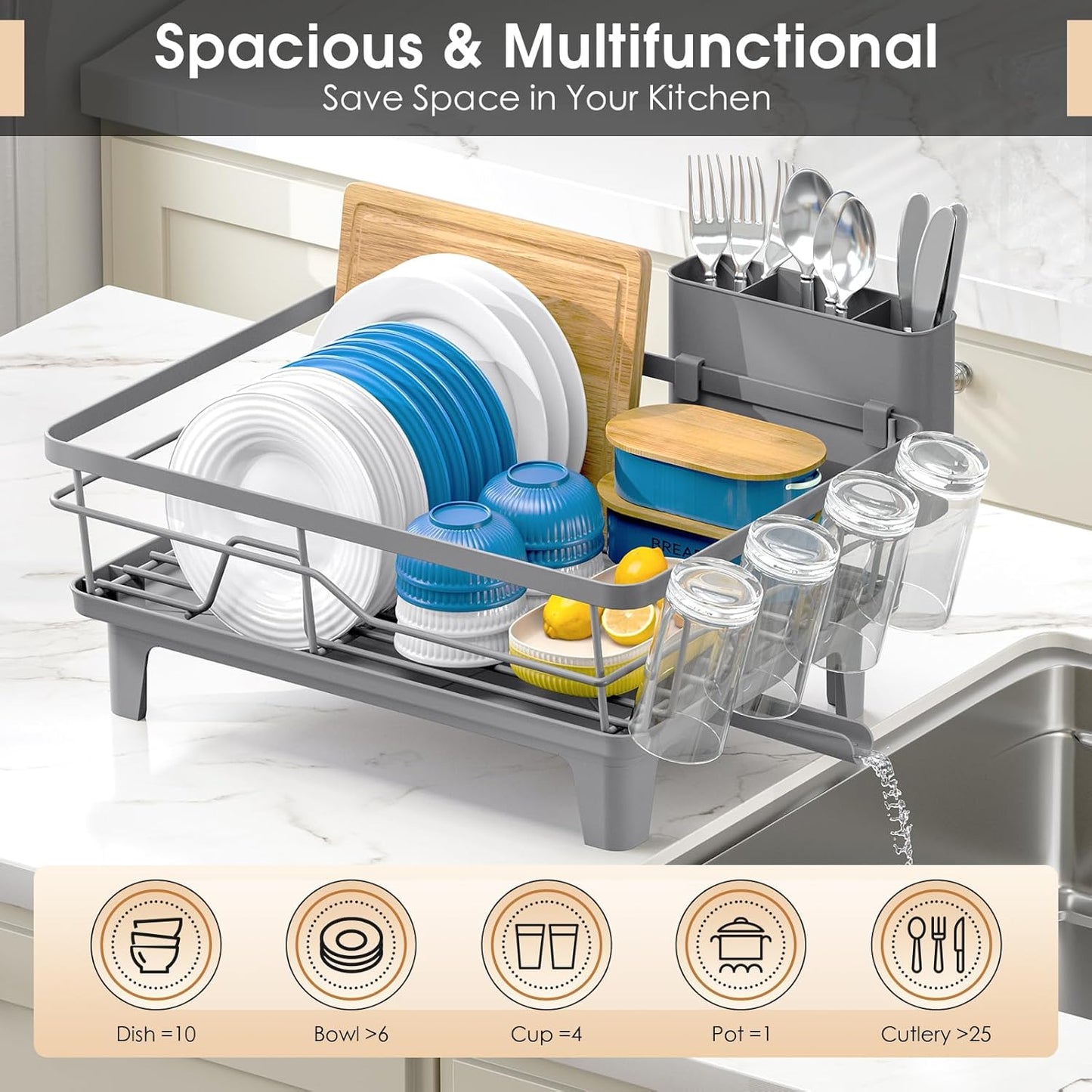 Dish Drying Rack for Kitchen Counter, Sink Dish Rack with Drainboard, Large Dish Drainer with Cups Holder, Home Countertop Plate Dryer Storage Rack with Cutlery Holder, Gray