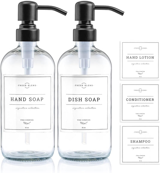 Vine Creations Clear Glass Soap Dispenser, 2 Pack Kitchen Soap Dispenser Set with Stainless Steel Pump, 16 oz Dish Soap and Hand Soap Dispensers for Bathroom with Waterproof Labels