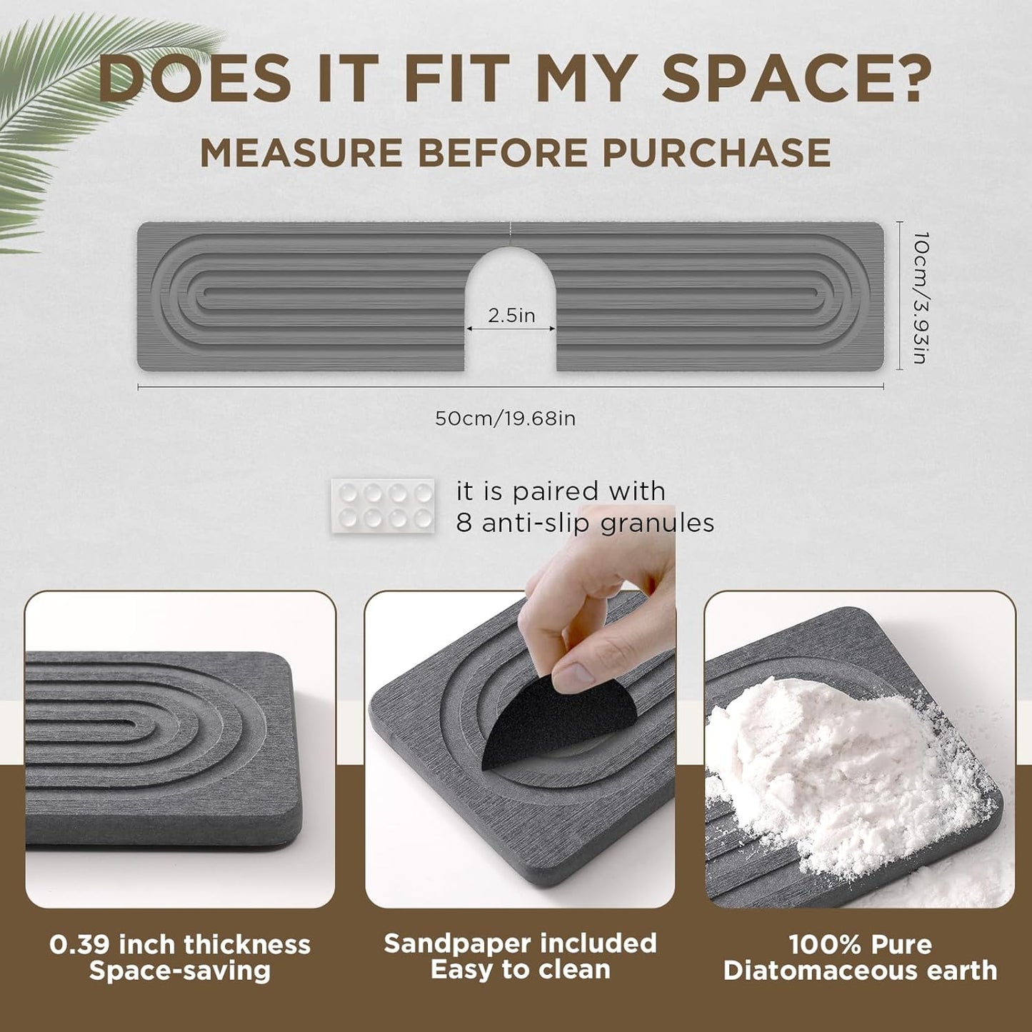 Faucet Mat for Kitchen Sink, Diatomite Stone Drying Sink Protectors, Bathroom Faucet Splash Guard, Quick Dry Water Absorbing, Non-Slip Stone Tray for Kitchen Counter, Grey, 20" x 3.9"