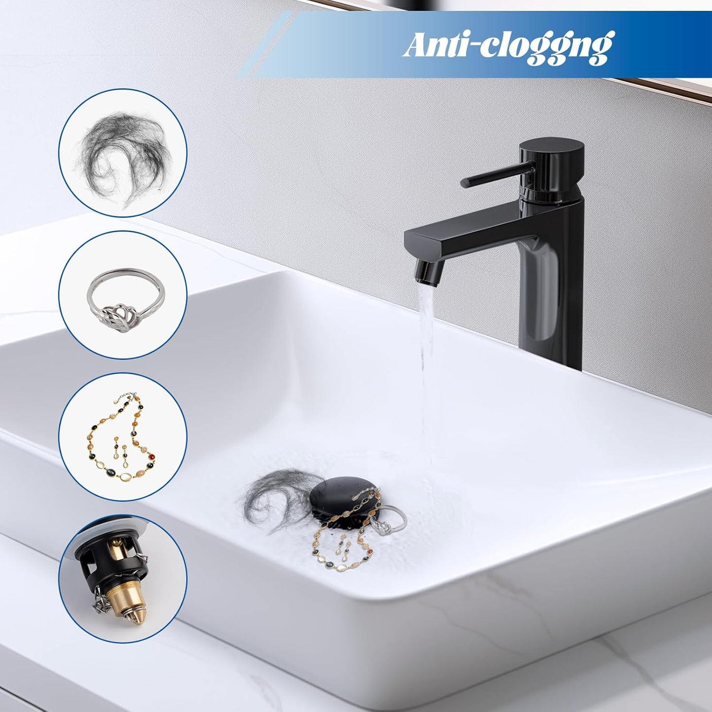 Hibbent 2 Pack All Metal Upgraded Bathroom Sink Stopper, Universal Pop Up Sink Drain Strainer, Brass Bullet Core Push Type Sink Stopper for 1.1''~2.3''' Basin, Anti Clogging Drain Filter, Matte Black