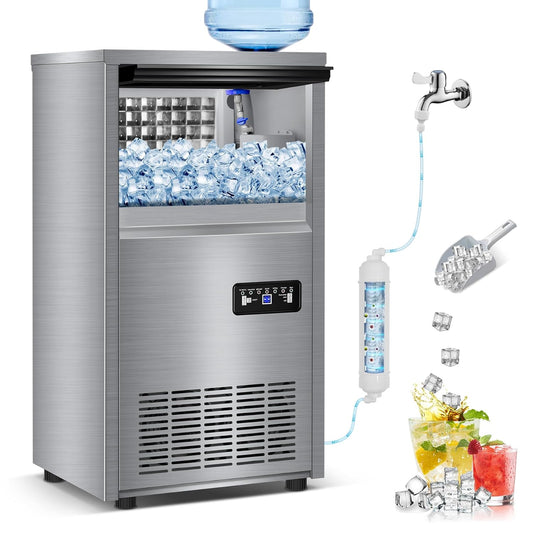 Commercial Ice Maker Machine, 140 lbs/24H with 40 lbs Storage Bin, Built in Ice Machine with 2-Water Inlet Options, Stainless Steel Under Counter Freestanding Ice Maker for Home, Bar, and Restaurant